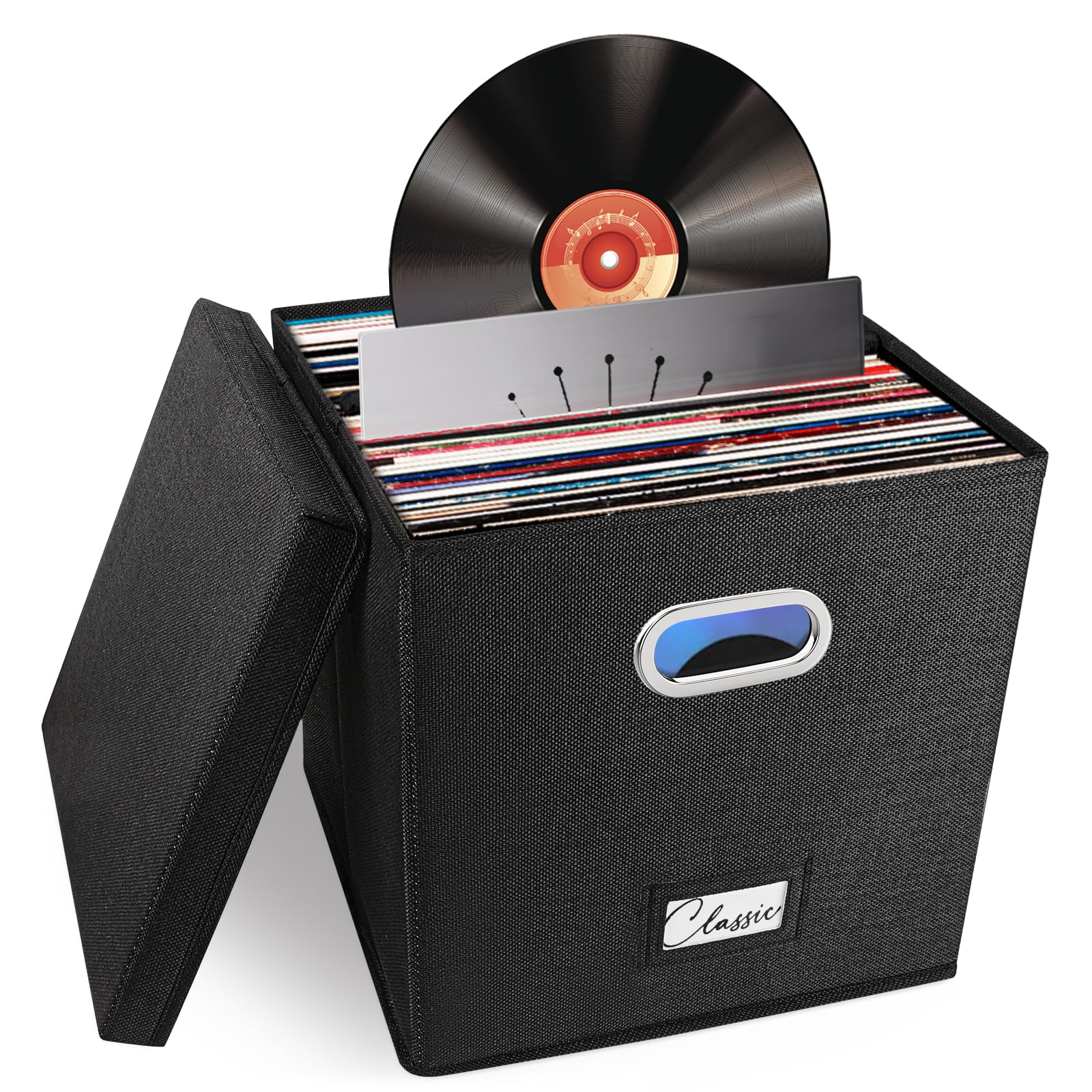 Woodoulogy Scatola nera in lino per LP in vinile, impilabile con coperchio e maniglia – Capacità 50+ dischi, organizer per album e documenti