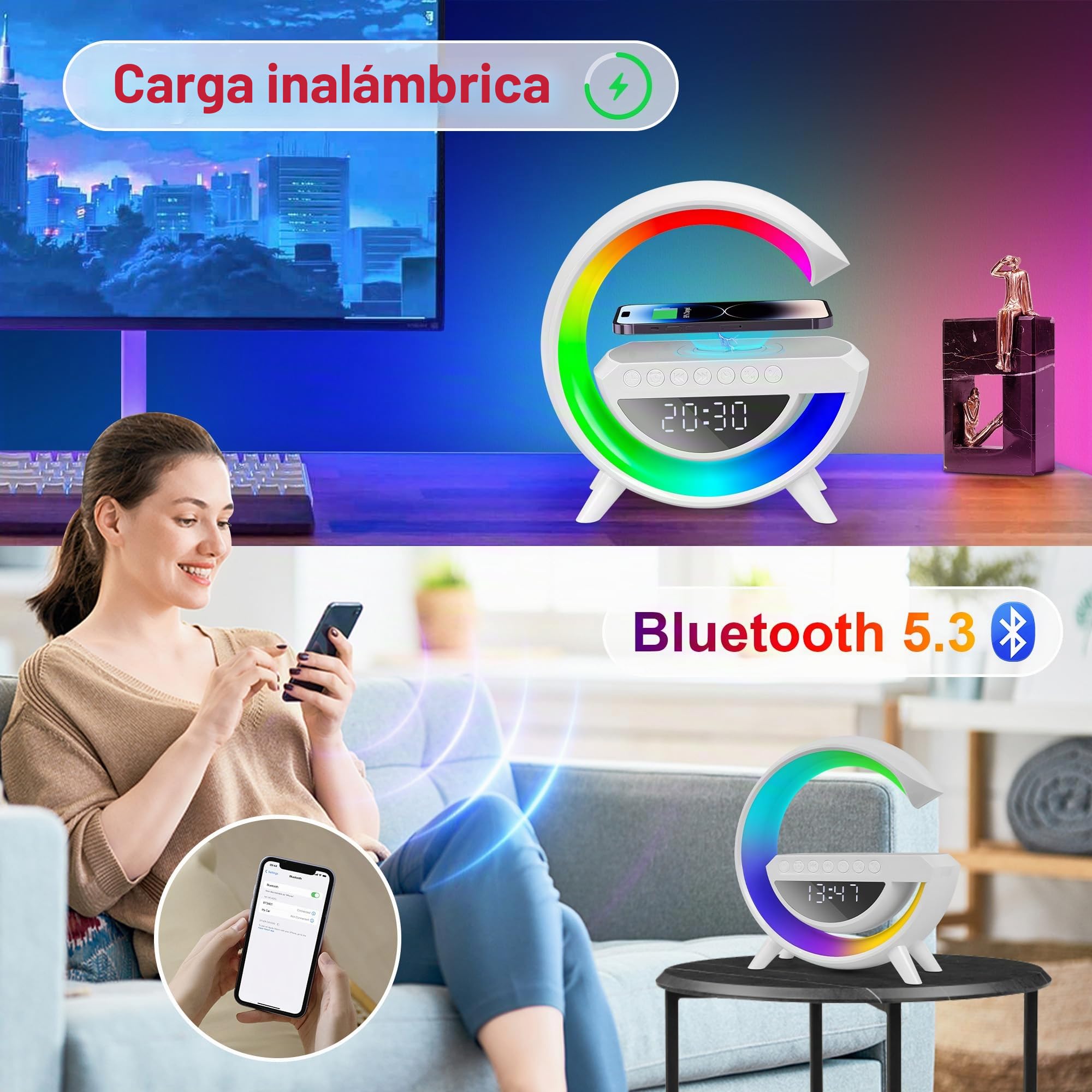 Lámpara de carga inalámbrica, 15W despertador luz nocturna RGB multifuncional, estación de carga inalámbrica, altavoz Bluetooth, despertador digital para dormitorio/camping