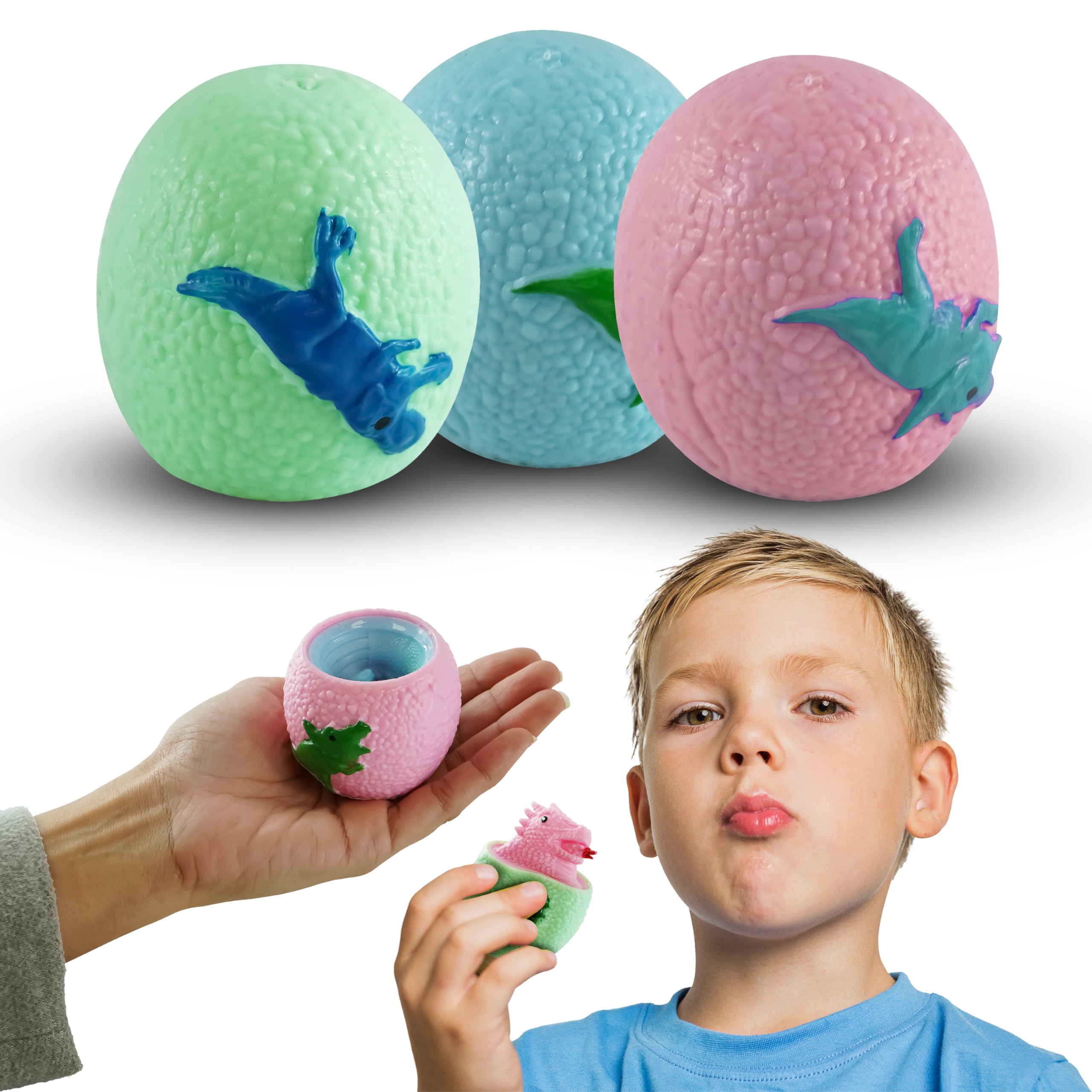 3x Dinosaur Eggs with Pop Up Dinosaur 6.5cm  Decompression Cup Toys, Animal Squeeze Toys, Colored Eggs Bath Toy, Sensory Ball Toy for Children Adults