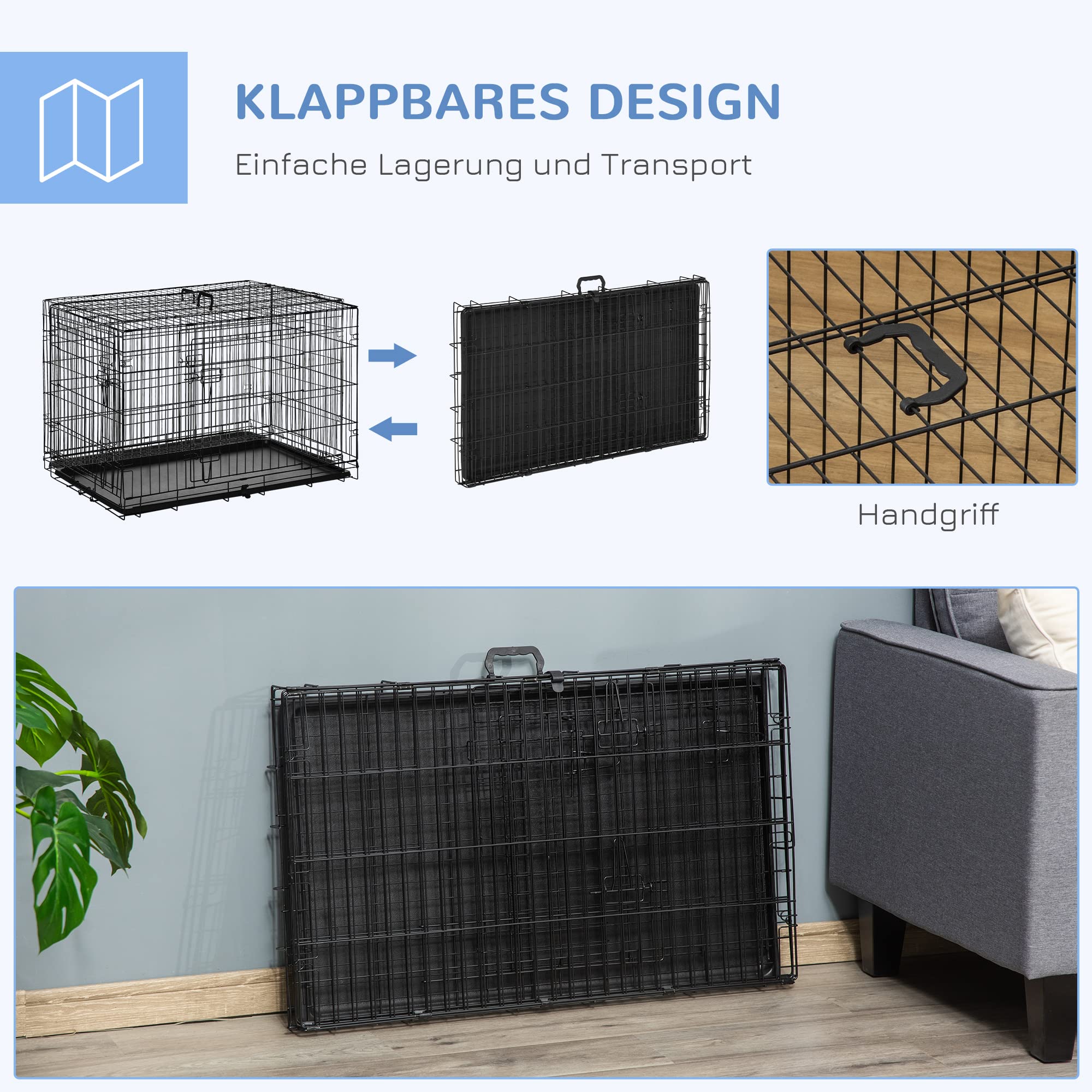 PawHut Hundekäfig Transportkäfig Drahtkäfig Hundebox Transportbox Reisebox mit 2 Türen Schwarz 91x61x67 cm