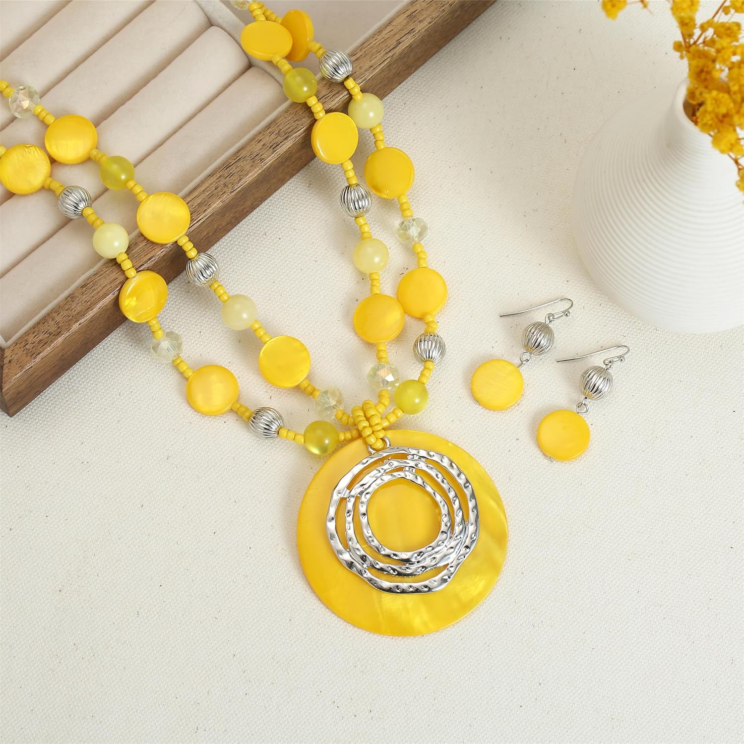 Multilayered Strand Statement Necklaces Set for Women Big Circle Shell Pendant Necklace with Colorful Beaded Chunky Choker Necklace and Earrings. - Image 4