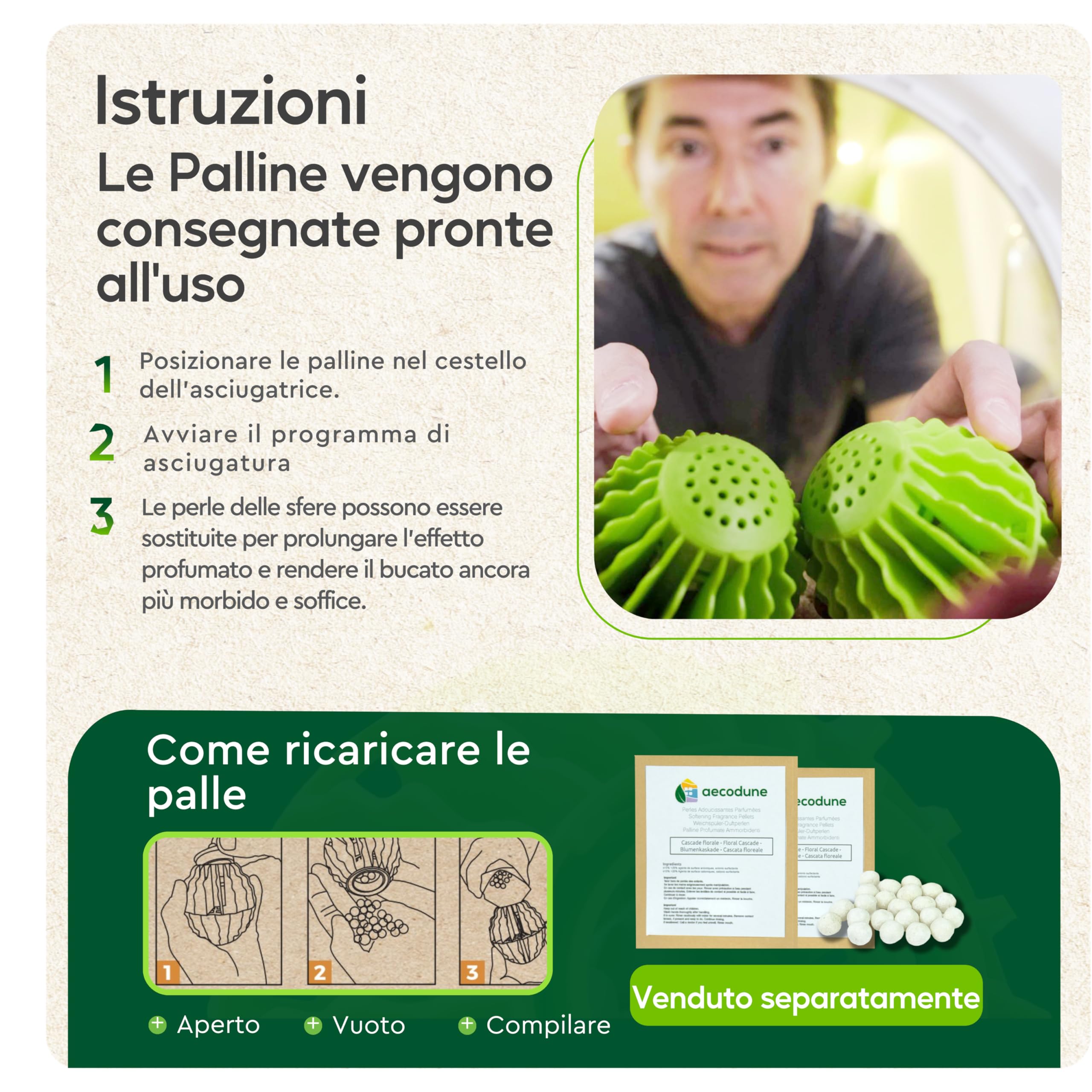 aecodune Palla Asciugatrice Innovativa, 2x Palla per Asciugatrice Riutilizzabile – Riduce il Tempo di Asciugatura - Ammorbidente per Biancheria e Profumo di Bucato - Ingredienti Naturali ed Economie