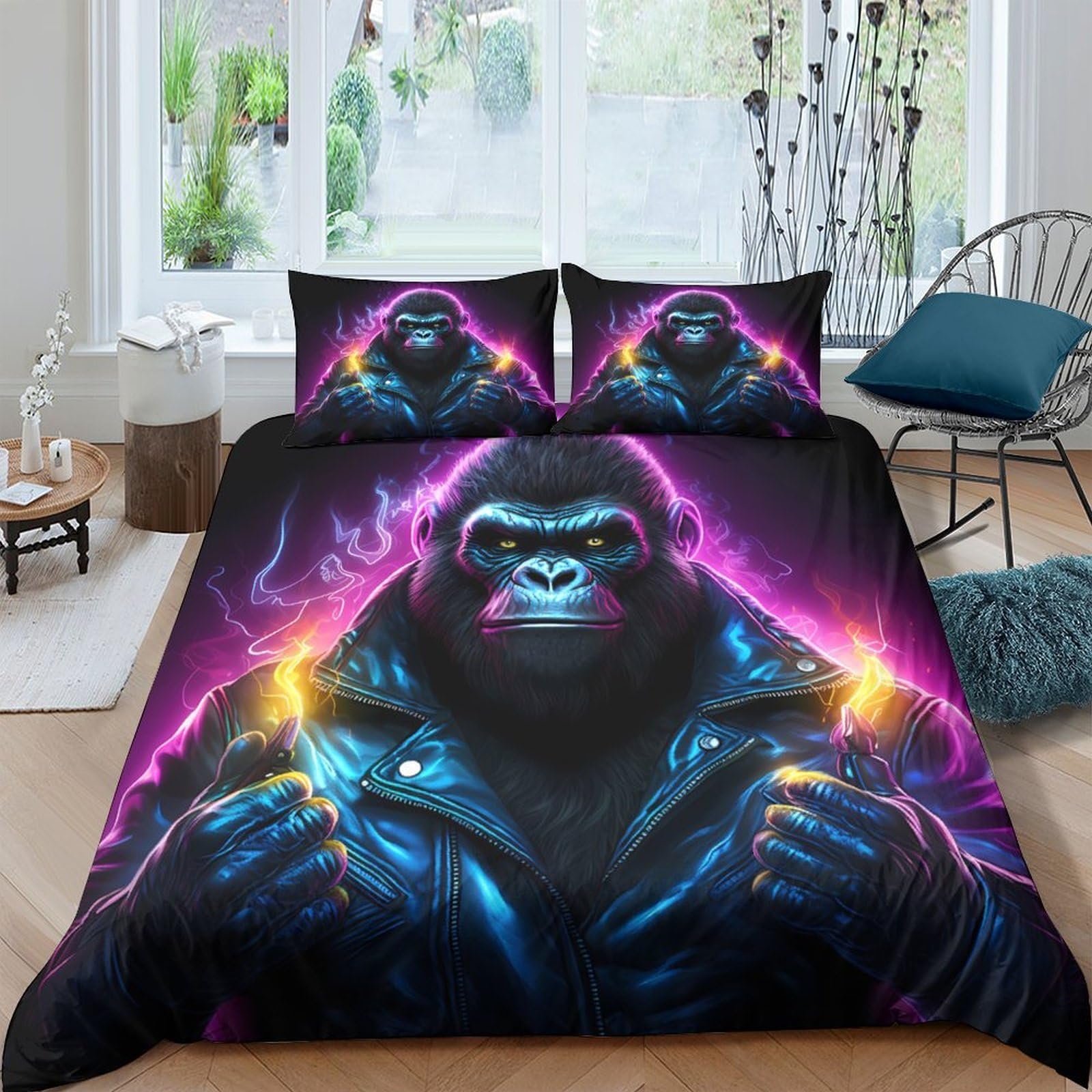 Ctjqhvkz Style-10 3D Printed Neon Gorilla Fitted Sheet Microfiber Soft Animal Bed Cover For Bedroom Guest Room Mattress Decor Single（135X200cm）