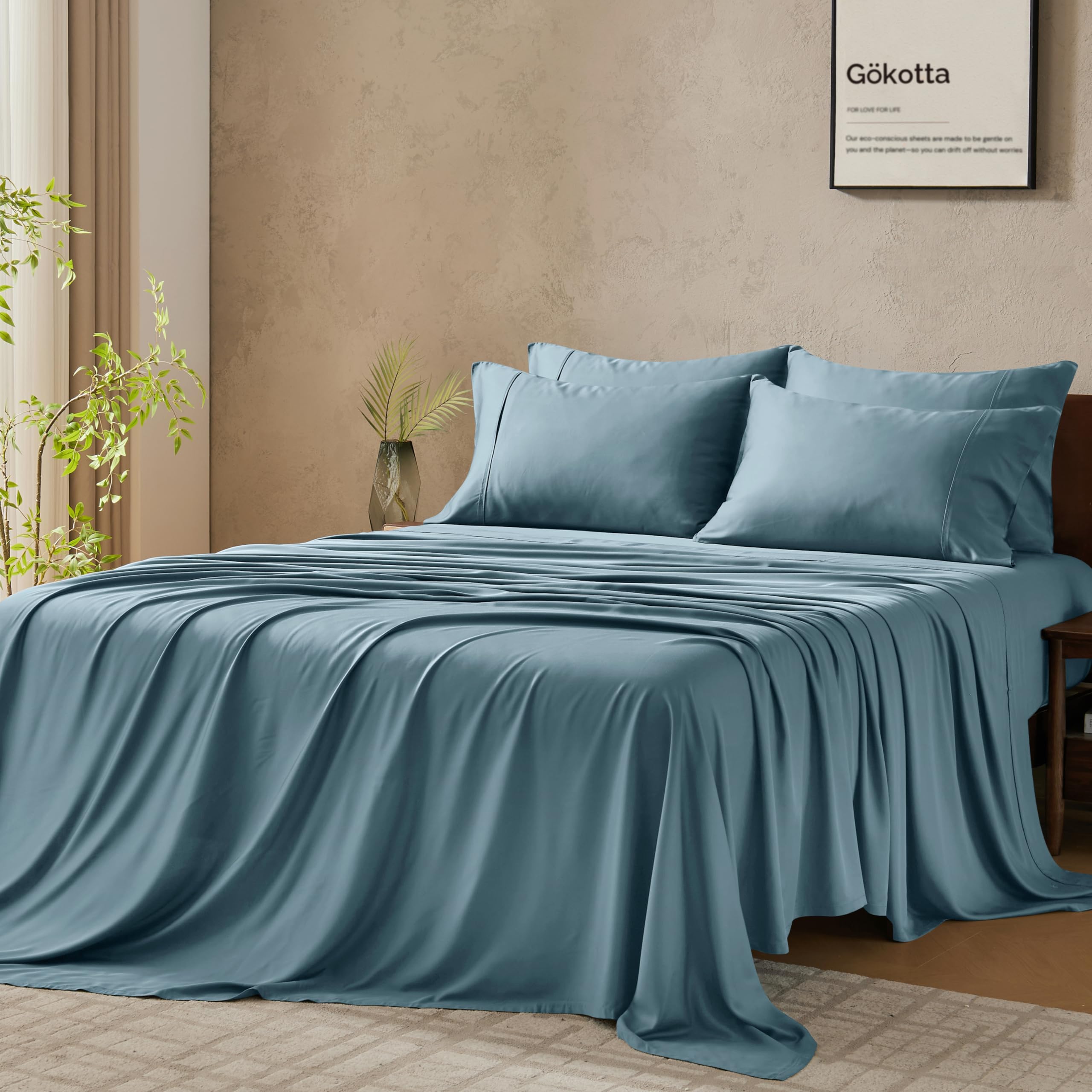 GOKOTTA Bamboo Bed Sheet Set for King Size Beds, Super Soft, Cooling and Breathable, for King Size Beds, up to 16 inches Deep Pocket, Luxury Bed Sheets with 4 Elastic Corner Ties (Blue, King Size)