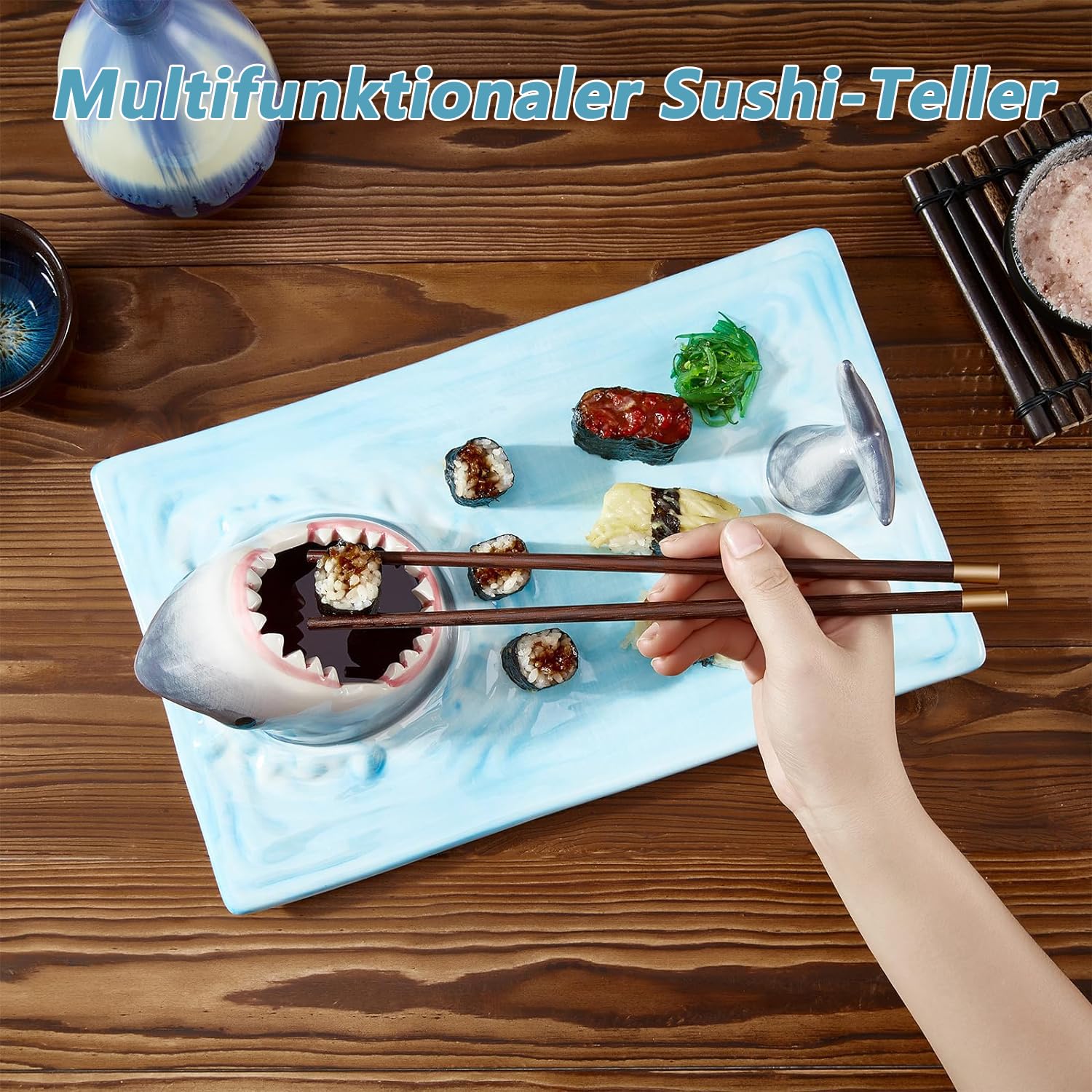 Sushi Teller Shark Keramik Sushiplatte, Sushi Platte Rechteckig Keramik Frühstückstablett Sushi-Platte mit Sojasaucenschale und Essstäbchenhalter, Für Mikrowellen/ofen/Geschirrspüler