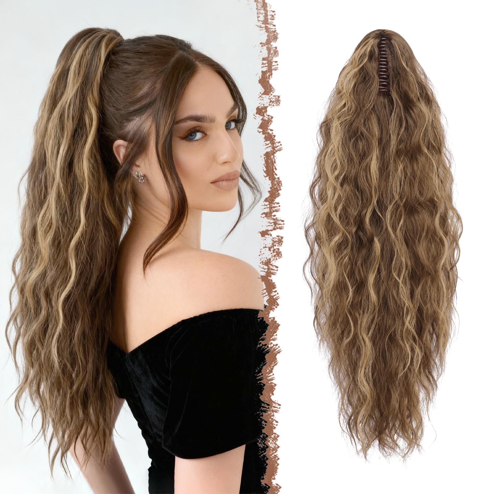 FESHFEN Ponytail Cheveux Naturel Pince Ponytails Extensions Longue Bouclée Ondulée Postiche Queue de Cheval Extension Blond Miel Mélangé Brun Clair Synthétique Rajout Cheveux pour Femmes 75 cm