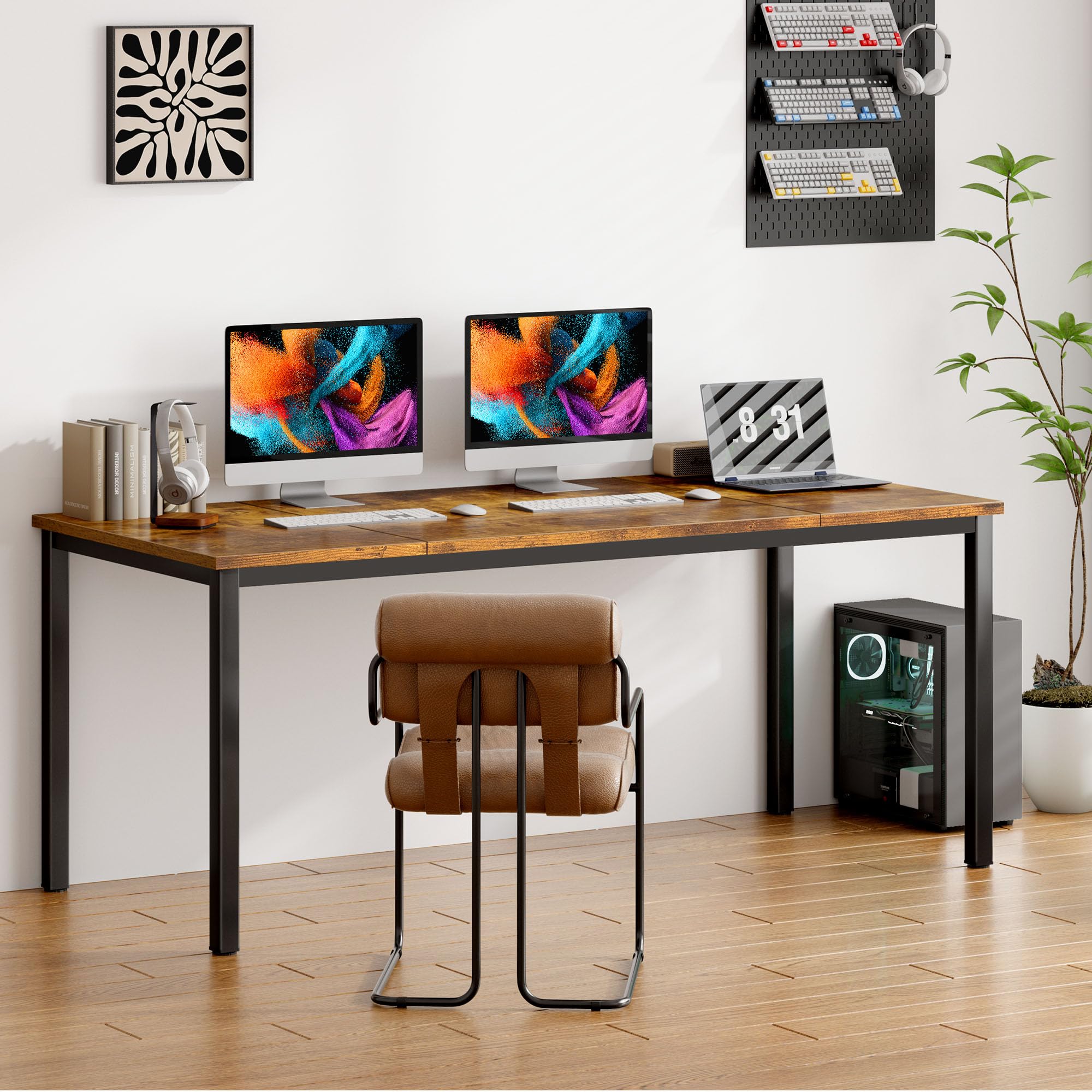 Escritorio grande para computadora de 70.8 x 31.5 pulgadas, mesa de conferencias, escritorio de oficina grande, estación de trabajo para oficina en casa, marrón rústico y negro 10FJGSAC3-180FG-ND 3