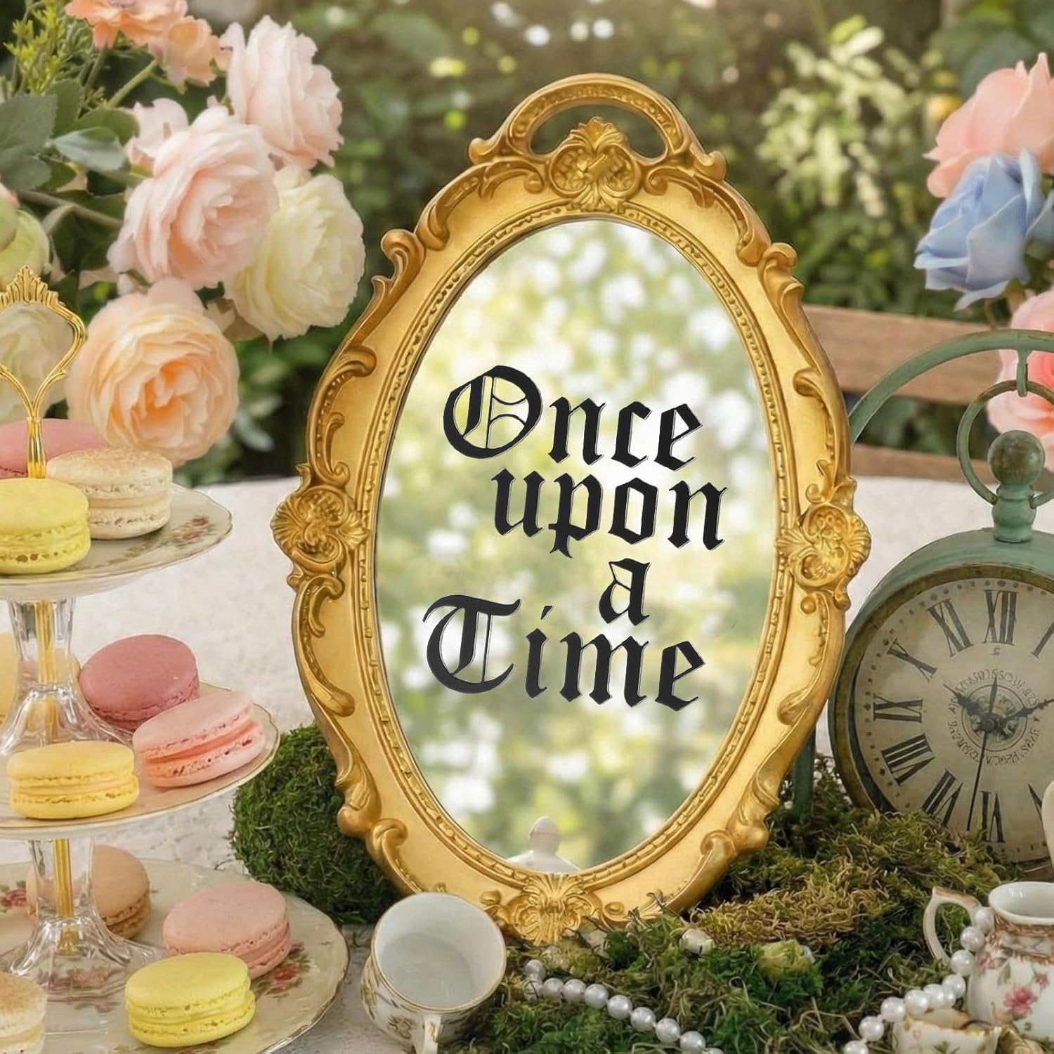 Princess Party Decorations Once Upon a Time Fairy Tale Birthday Party Decor Vintage Oval Mirror 15.4 x 9.4 Inch Golden Mirror for Tea Birthday Decoration Baby Shower Women Wedding Dinner Supplies