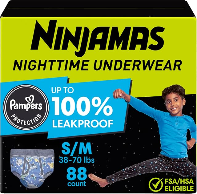 Pampers Ninjamas Nighttime Bedwetting Underwear Boys Size S/M (38-65 lbs) 88 Count (Packaging & Prints May Vary)