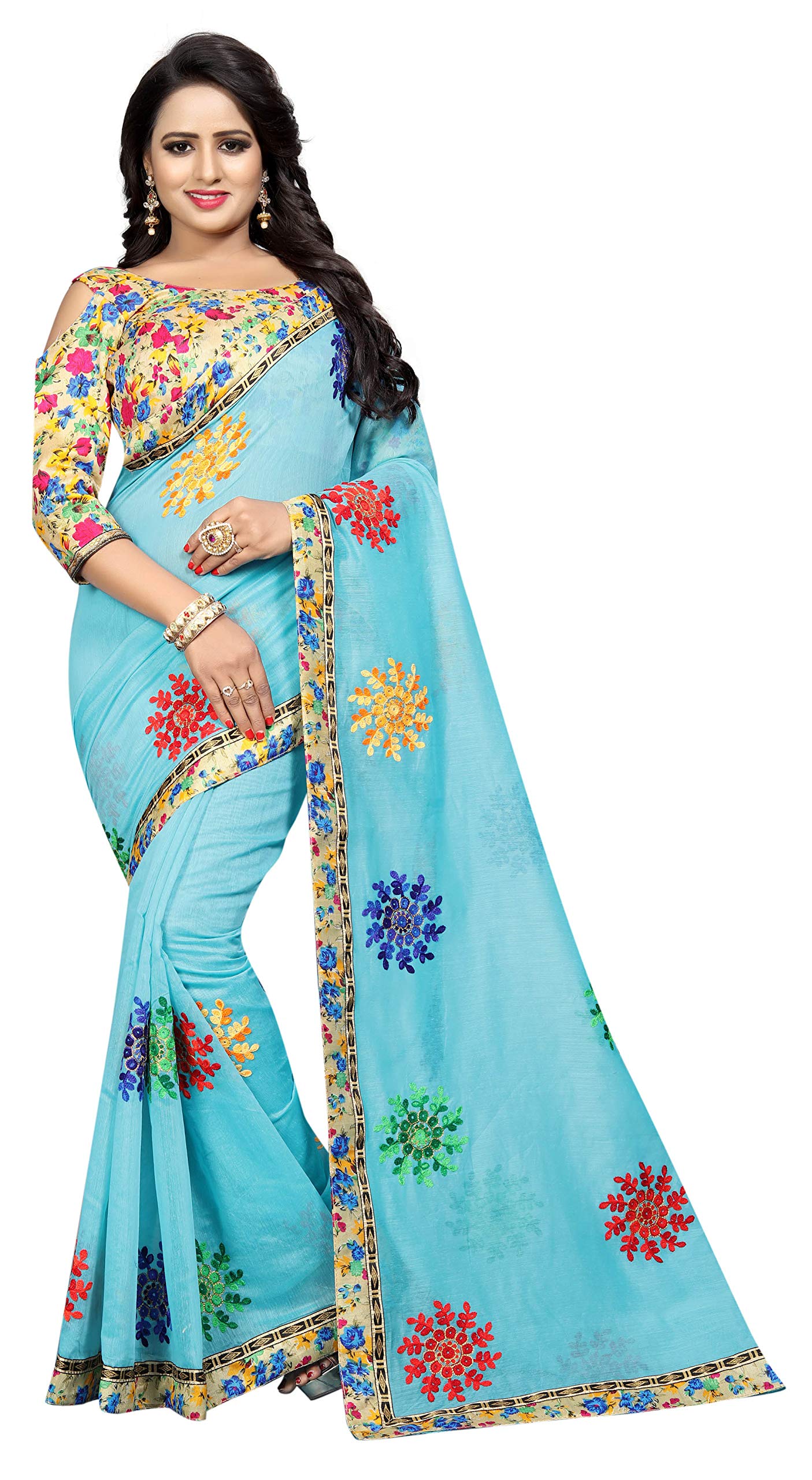 Online Bazaar Women's Chanderi Cotton Silk Saree With Blouse Piece (2246_Sky Blue)