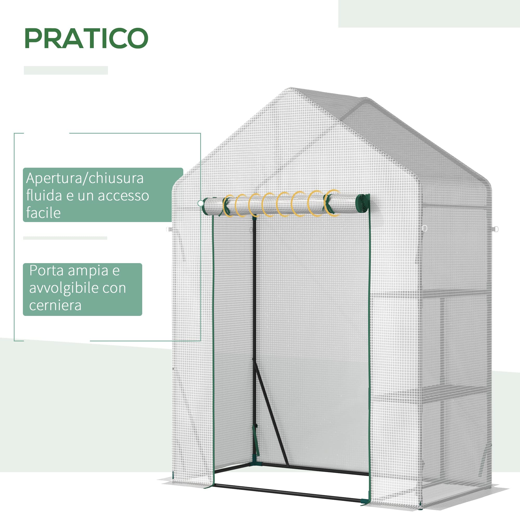 Outsunny Serra da Giardino in Acciaio e Copertura PE, Serra per Piante con 2 Scaffali e Porta Avvolgibile, 143x73x195cm, Bianco