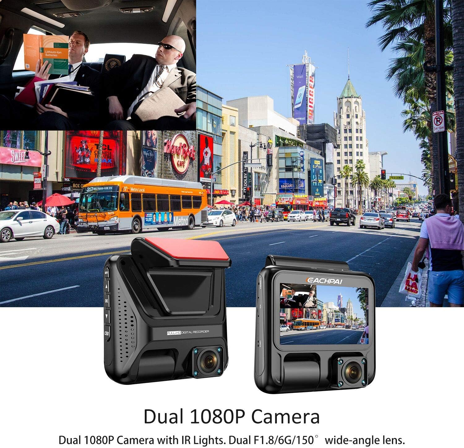 Two EACHPAI X100 dash cameras mounted on a car windshield, showing front and interior views