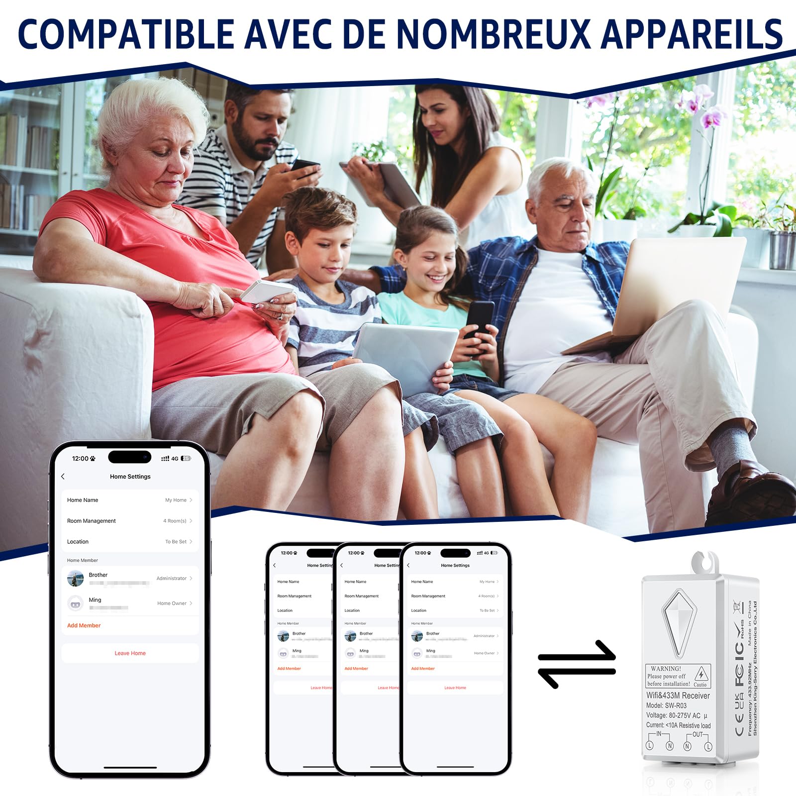 NineLeaf 4Pcs Kit récepteur Wifi pour mini interrupteur sans fil, sans câblage, contrôle vocal, fonction de temporisation, étanche IP66, compatible avec Alexa Google Assistant Tuya Smart Life APP