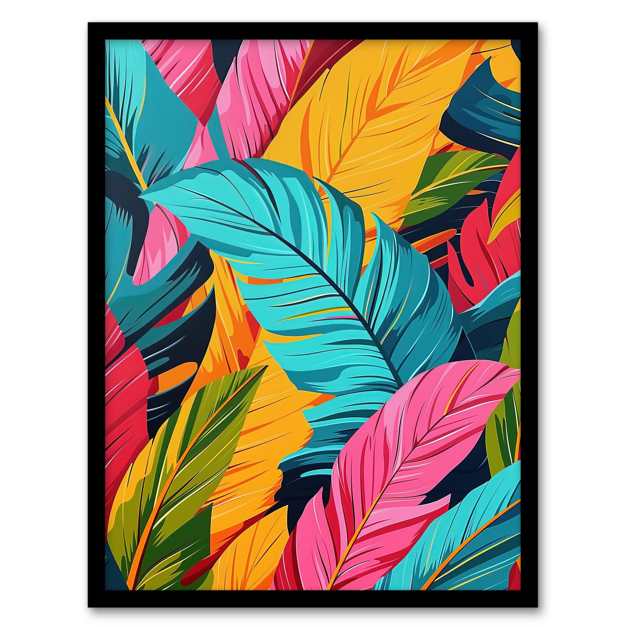 Artery8 Colourful Tropical Fronds Stylised Leaves Pattern Living Room Artwork Framed Wall Art Print 18X24 Inch