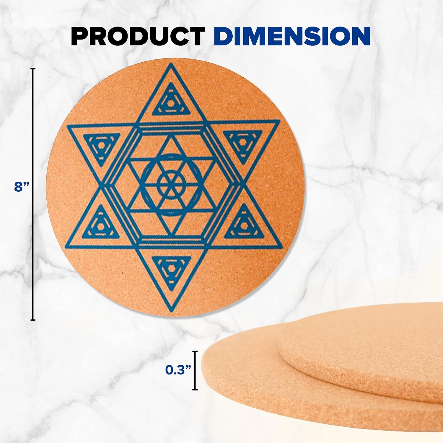 Cork Trivet Set 5 Pieces Used for Jewish Gifts, Hanukkah Decorations, Passover Hostess Gifts, Shabbat. Including Star of David, Dreidel, Hanukkah Menorah, Hamsa, Judaica Gifts