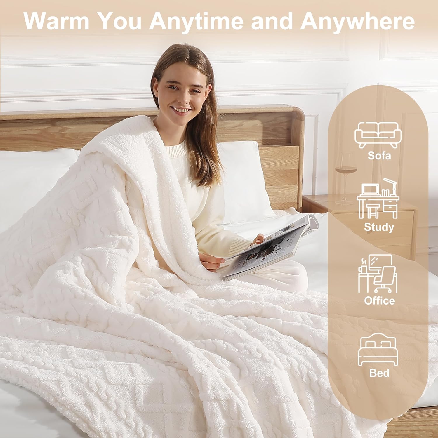 Heated Throw Blanket 50"x60" with 5 Heating Levels & 4 Hours Auto Off, Soft & Plush Sherpa Electric Blanket Throw with ETL & FCC Certification for Home Use, Machine Washable, Great Gift, White
