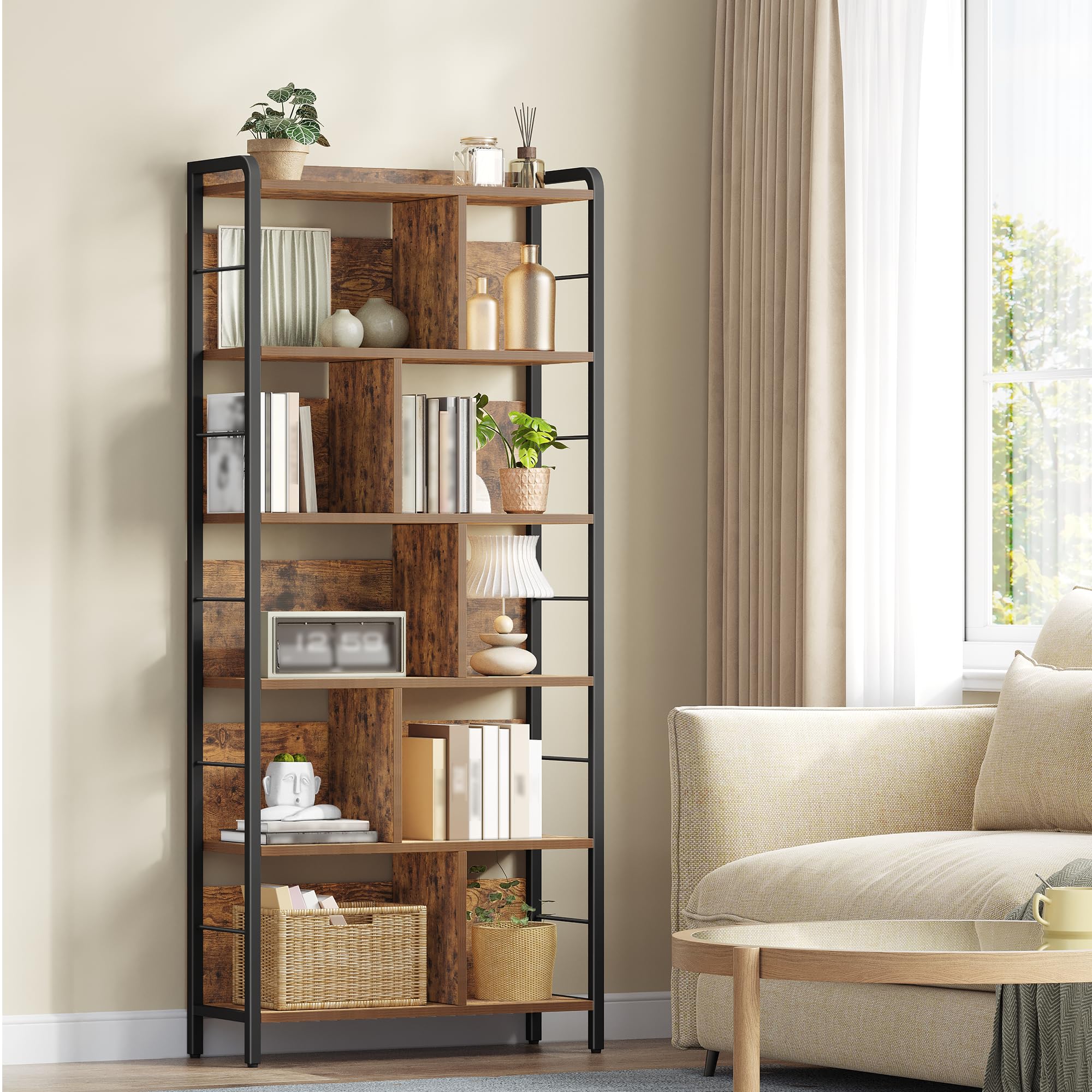 HEXCELEN Bibliothèque avec 6 Niveaux 30 x 80 x 186 cm Brun Rustique et Noir | Bibliotheque Industrielle, Étagère de Rangement, Étagère Ouverte, pour Bureau, Salon Industriel