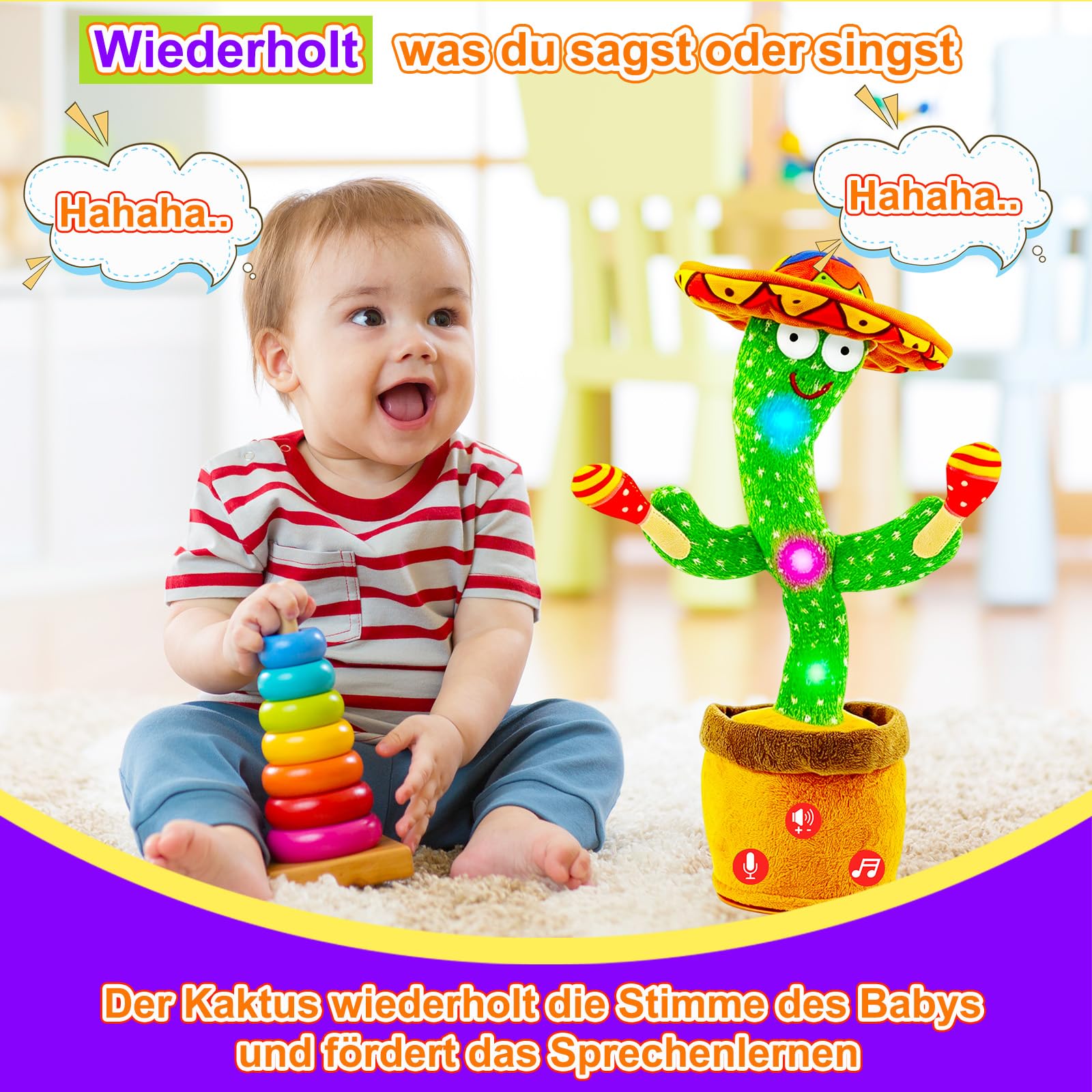 Tanzender Sprechender Kaktus Baby Spielzeug, Lautstärke einstellbar, Nachahmend Singend Wiederholend, Interaktives Plüsch-Babyspielzeug/Geschenk für Jungen Mädchen (Kaktus Trommel Akku)