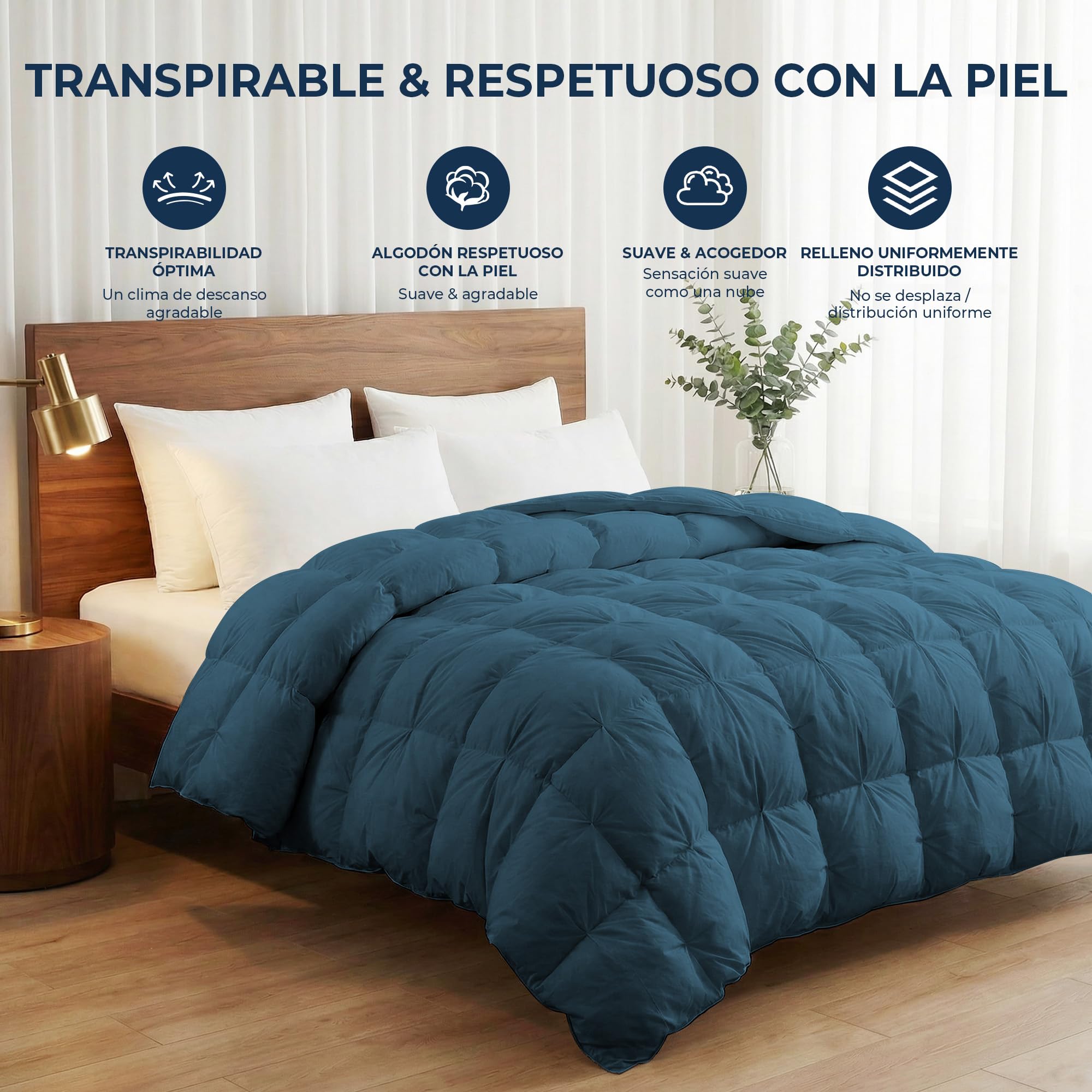 UNIKOME Edredón de Plumas y Plumón Cama 80, 100% Algodón, Relleno Nórdico Plumón para 4 Estaciones, Diseño con Pliegue Pinzado, Certificado Oeko-Tex (Marina, 220x240cm)