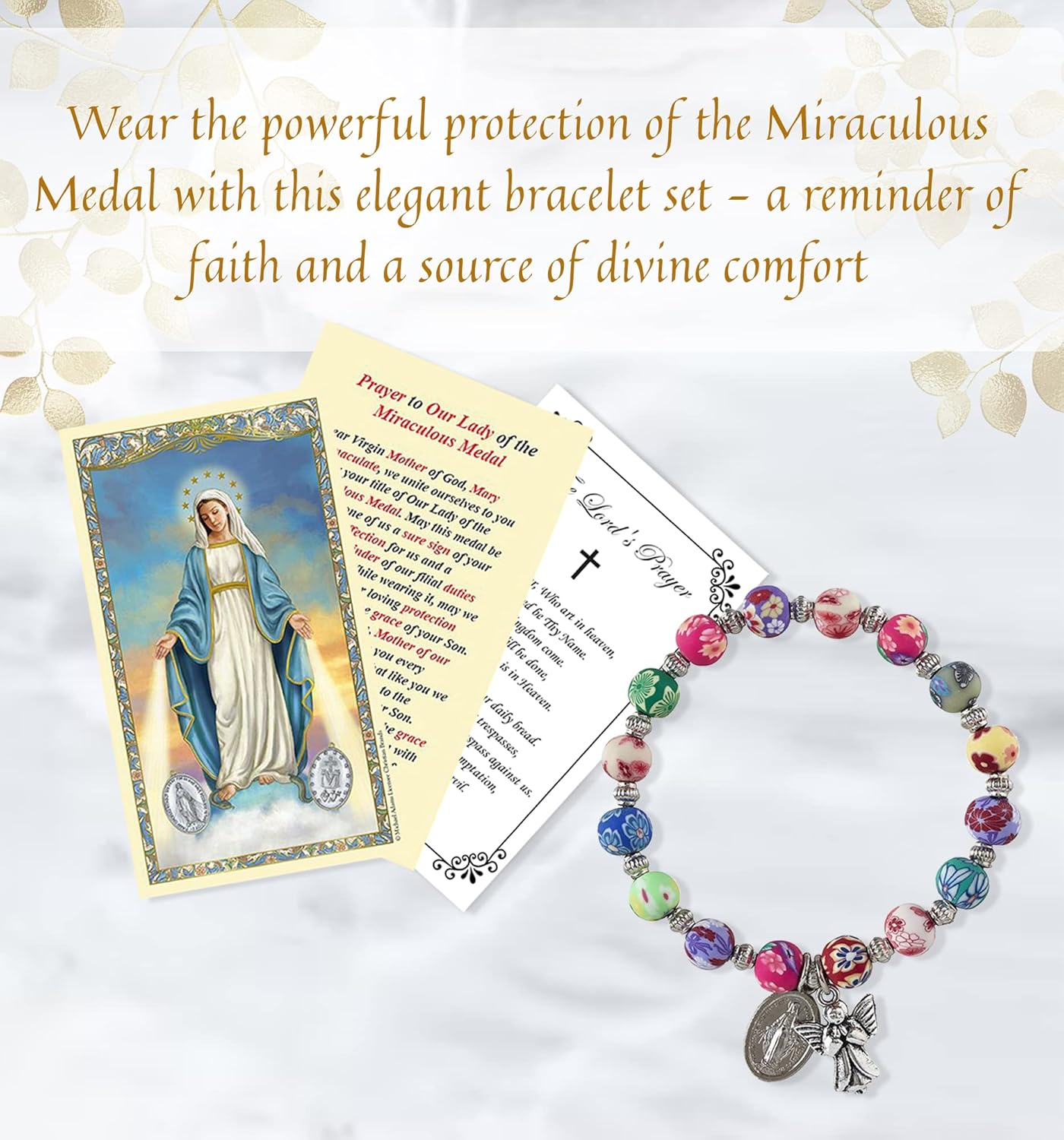 Miraculous Medal Bracelet with Miraculous Medal Prayer Card, The Lord's Prayer Card - Stretch Miraculous Bracelet with Guardian Angel Dangle - Miraculous Medal Bracelet For Women Set of 3 Items - Image 2