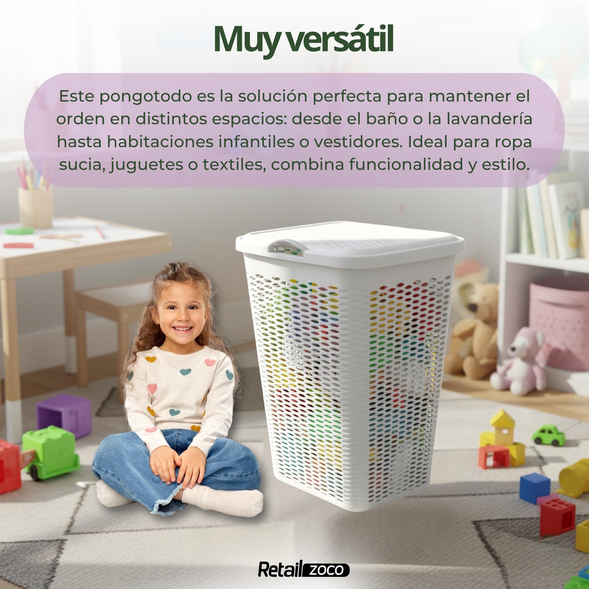 Baúl para la colada, Cesto para Ropa Sucia con Tapa y Asas, Cubo pongotodo para Colada, 100% material reciclado, 60 cm alto x 35.5 cm fondo x 43 cm ancho, Capacidad 51 Litros, Color Blanco