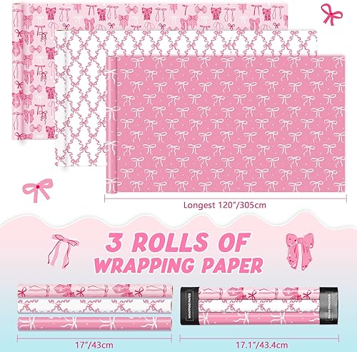 Vista 214 de WERNNSAI Rollos de papel de regalo de dinosaurios, 3 rollos de papel de regalo de dinosaurio rosa de 17 x 120 pulgadas, para bebés, niñas, Pink
