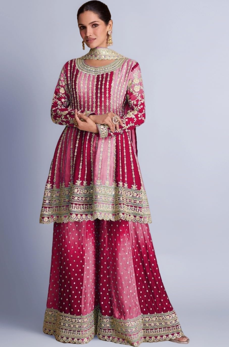 Dual Tone Strip Chinon Heavy Embroidered Stitched Sharara Suit Set With Dupatta (ME-1129)