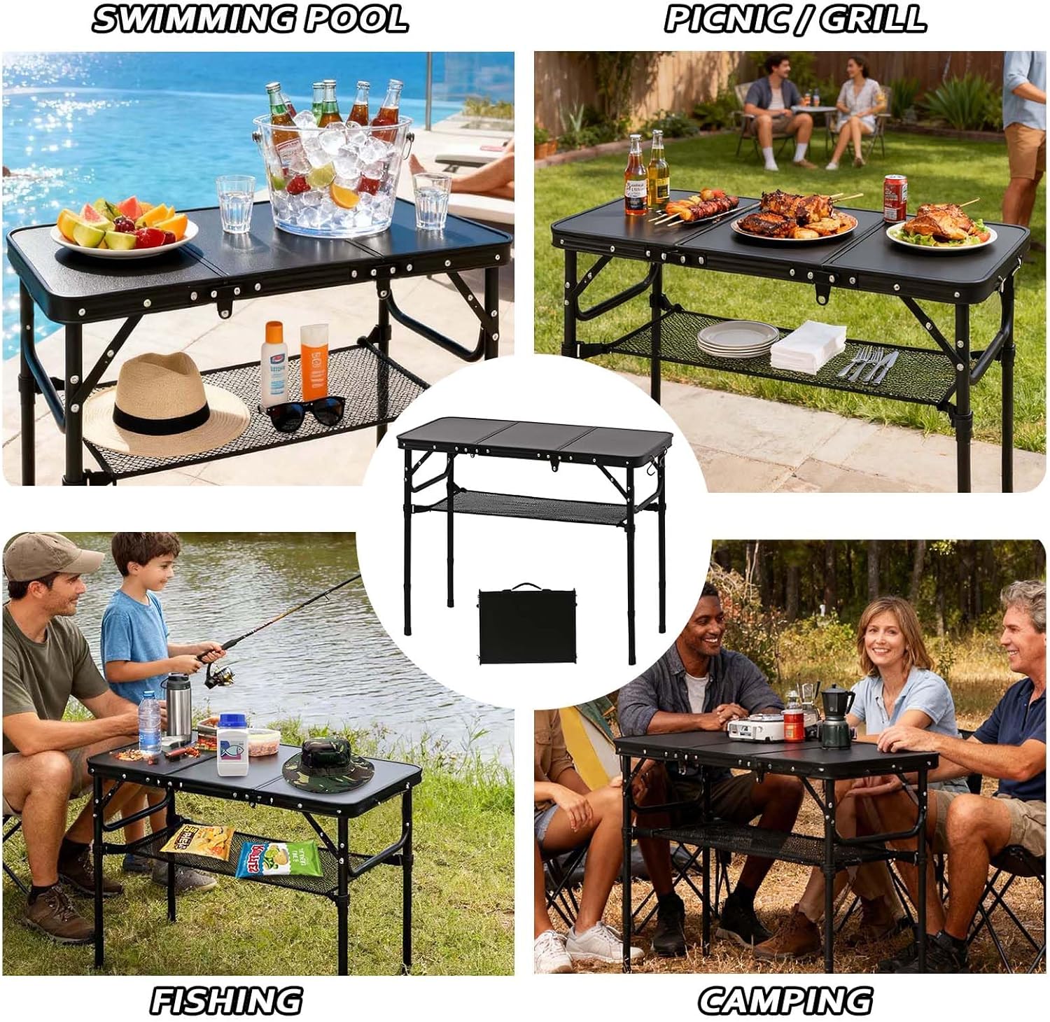 Folding Picnic Table with Storage Net, Matte Black Aluminum Folding Table 35" x 16", Adjustable Height Max 27.5", Lightweight Portable for Camping Travel Grill Indoor