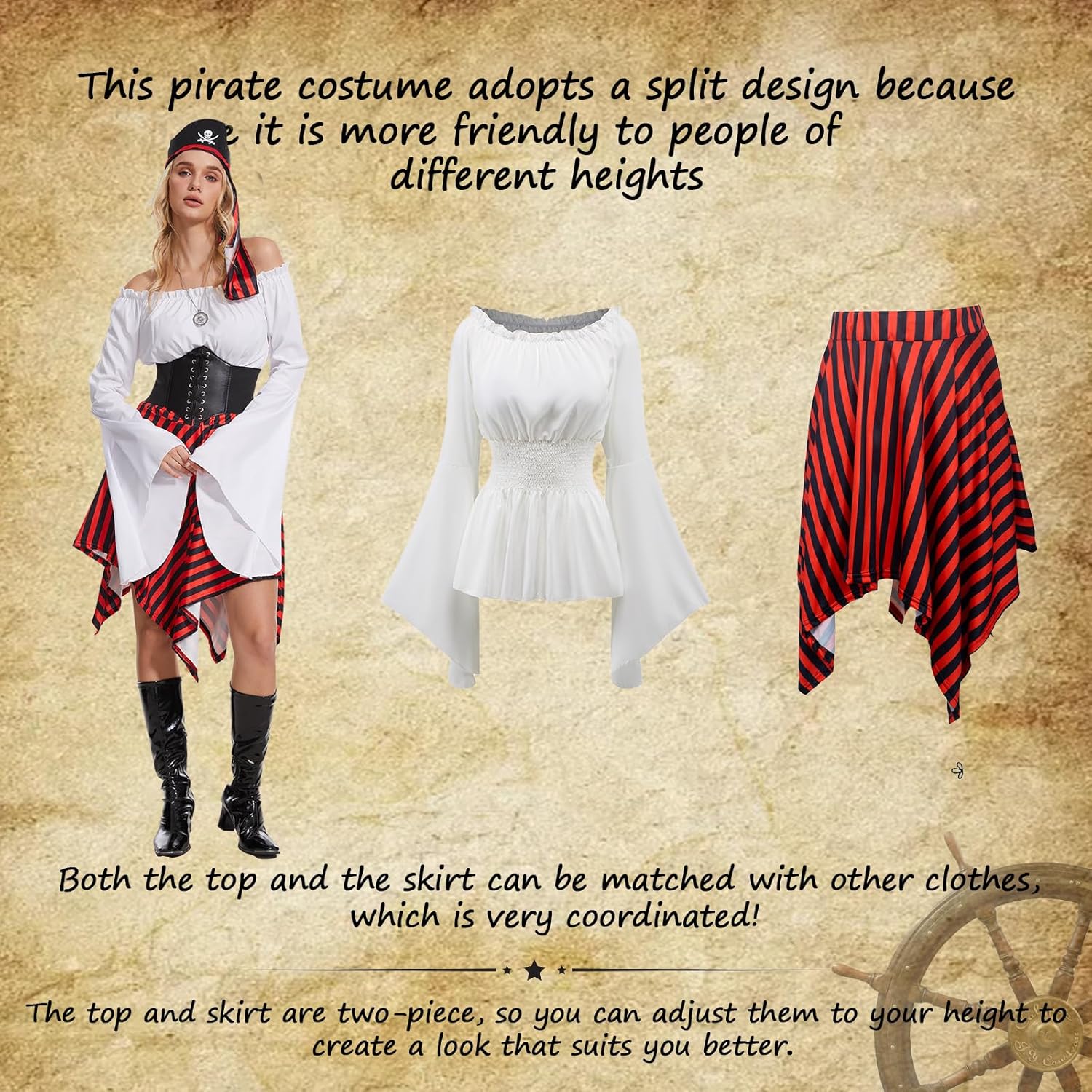 7 Pcs Women Pirate Costume Renaissance Shirt Medieval Dress with Compass Necklace Medieval Pirate Set - Image 5