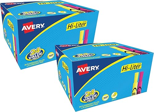 Avery Hi-Liter, estilo de escritorio, punta de cincel, 24 resaltadores rosa y amarillo, paquete de 2, 48 en total (31448)