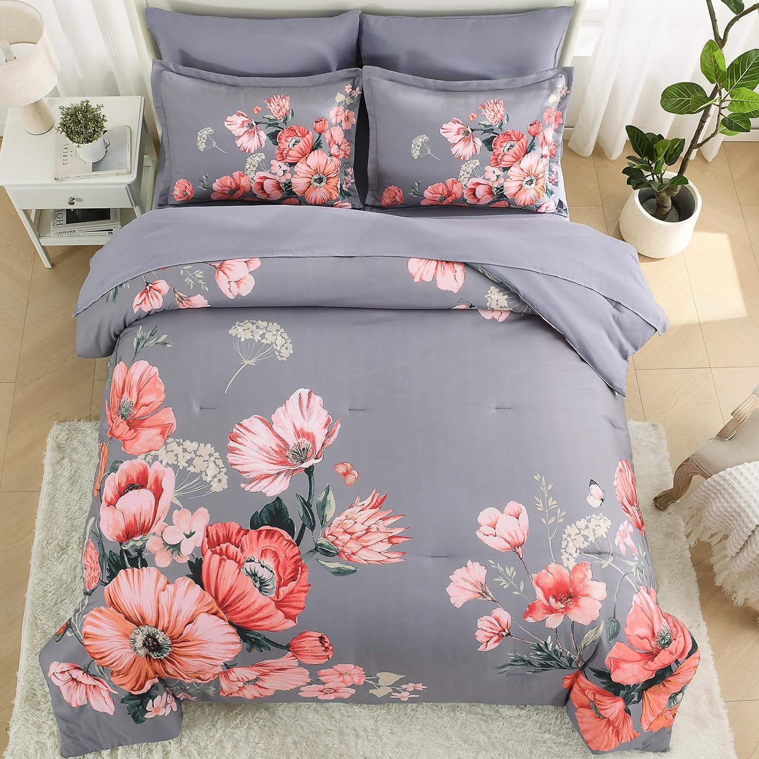 Queen Comforter Set - 7 Pieces Bed in a Bag Dark Grey Floral Queen Comforter Set with Sheets, Soft Microfiber Flower Complete Bedding Set for All Seasons(Dark Grey,90"x90") - Image 3