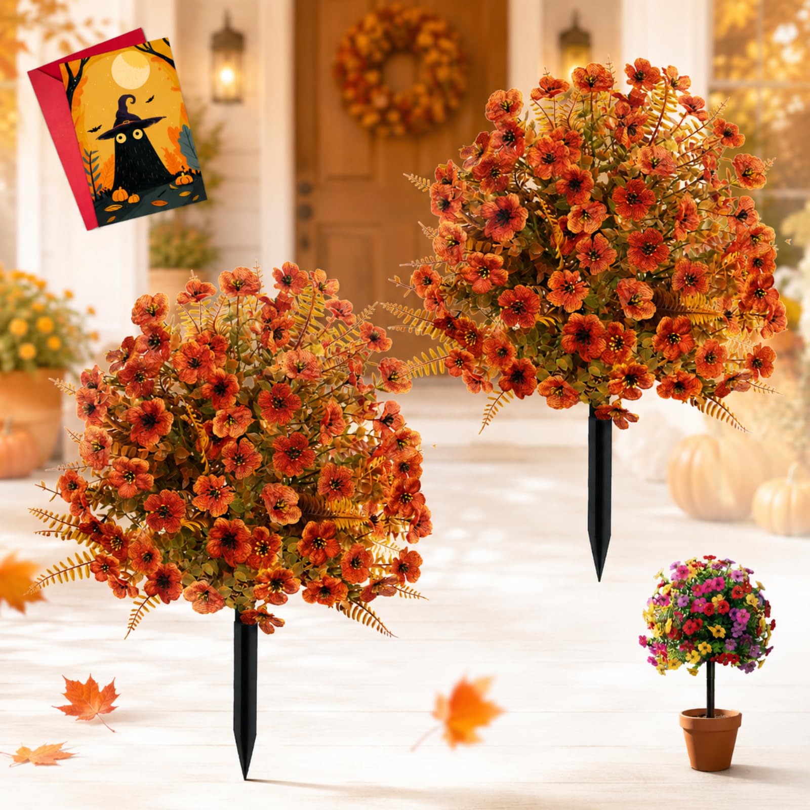 2 Pack Fall Pumpkin Topiary Trees with Stakes, 22" Outdoor Garden Stakes Decor with Orange Eucalyptus Leaves & Gourds, Fake Autumn Plant for Front Porch Pathway, Halloween & Thanksgiving Harvest (B)