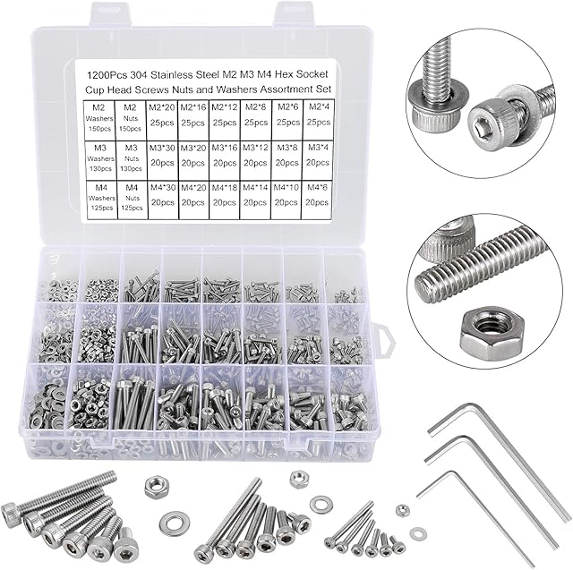 FandWay 1200Pcs 304 Stainless Steel M2 M3 M4 Hex Socket Head Cap Screws, Cheese Head Machine Screws, Internal Hex Bolts and Nuts Washers Assortment Set With 3 Hex Wrenches.(Silver)