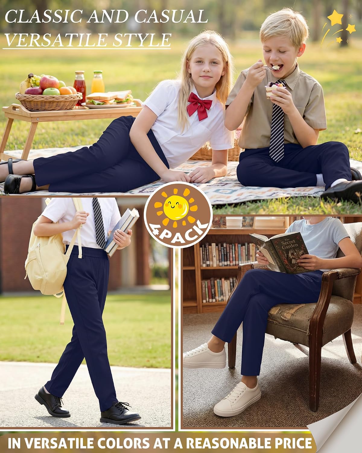 4 Pack Boy's School Uniform Pants Elastic Waist Flat Front Trousers Kid Straight Fit Pants with Pocket(5-6 Years,Navy Blue)