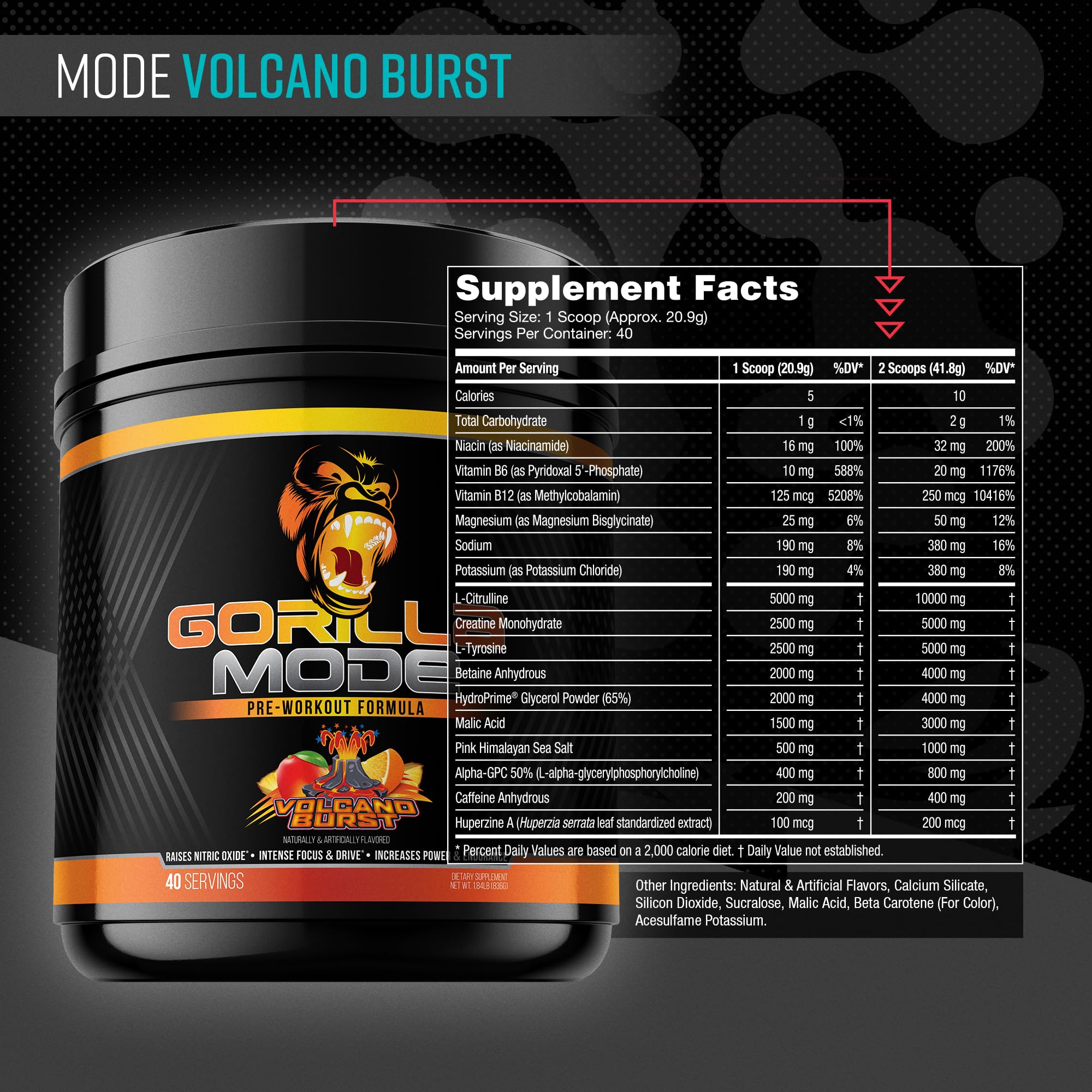 Gorilla Mind Pre Workout - Massive Pumps Laser Focus Energy Power - L-Citrulline, Creatine, L-Tyrosine, Betaine, Hydroprime, Alpha-GPC, 400mg Caffeine, Huperzine A 800g (BlackBerry Lemonade): Gorilla Mode Pre Workout - Massive Pumps · Laser Focus · Energy · Power - L-Citrulline, Creatine, L-Tyrosine, Betaine, Hydroprime®, Alpha-GPC, 400mg Caffeine, Huperzine A - 836g (Volcano Burst)