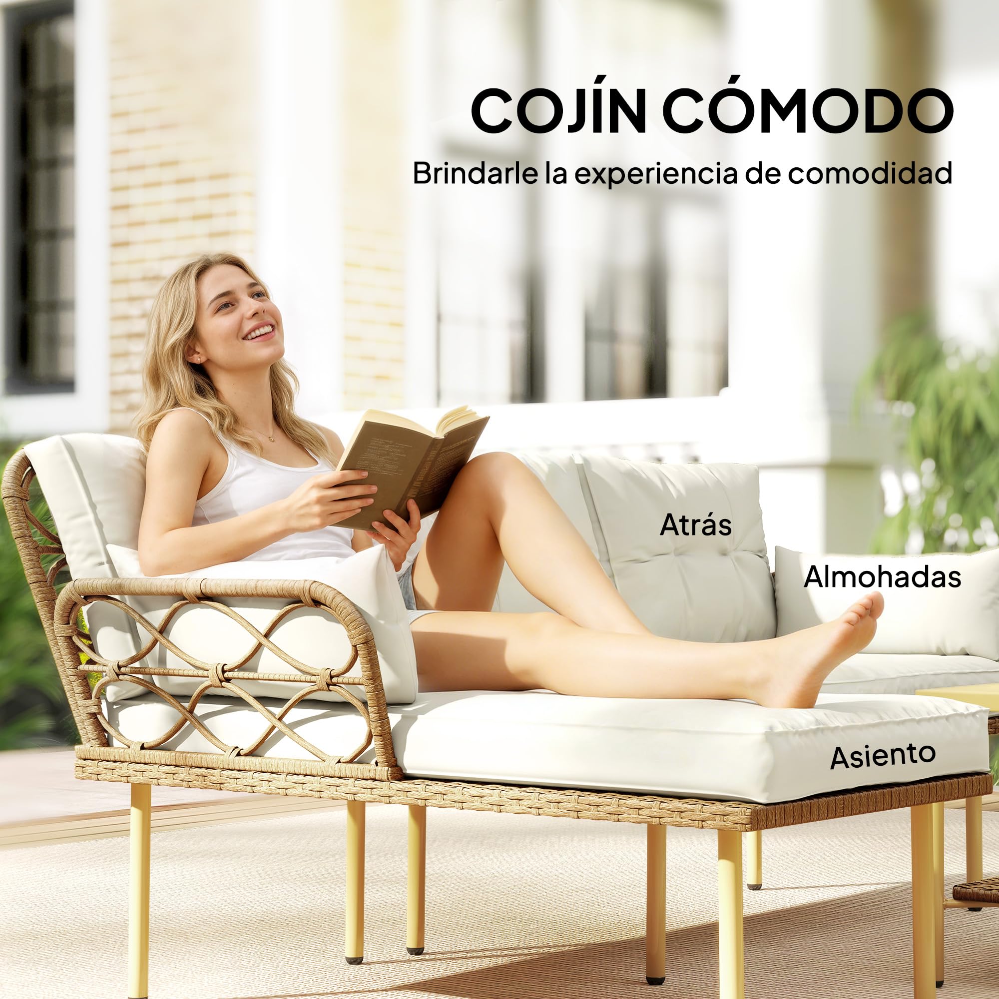 Outsunny Conjunto de Jardín de Ratán, Juego de 3 Piezas Muebles Jardín Exterior con 1 Sofá de 2 Plazas, 1 Sofá Esquinera, 1 Mesa de Centro Metálica de 2 Niveles y Cojines, Anti-UV, para Patio, Crema