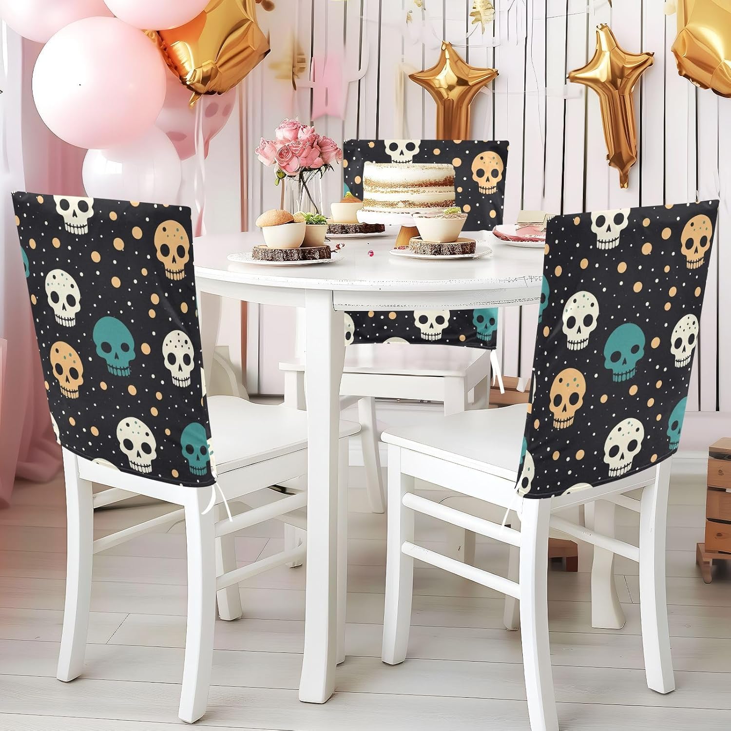 ALAZA Skull Polka Dots Chair Back Cover Set of 6, Washable Reusable Removable Chair Slipcovers Decorative Chair Cover for Home Kitchen Wedding Party
