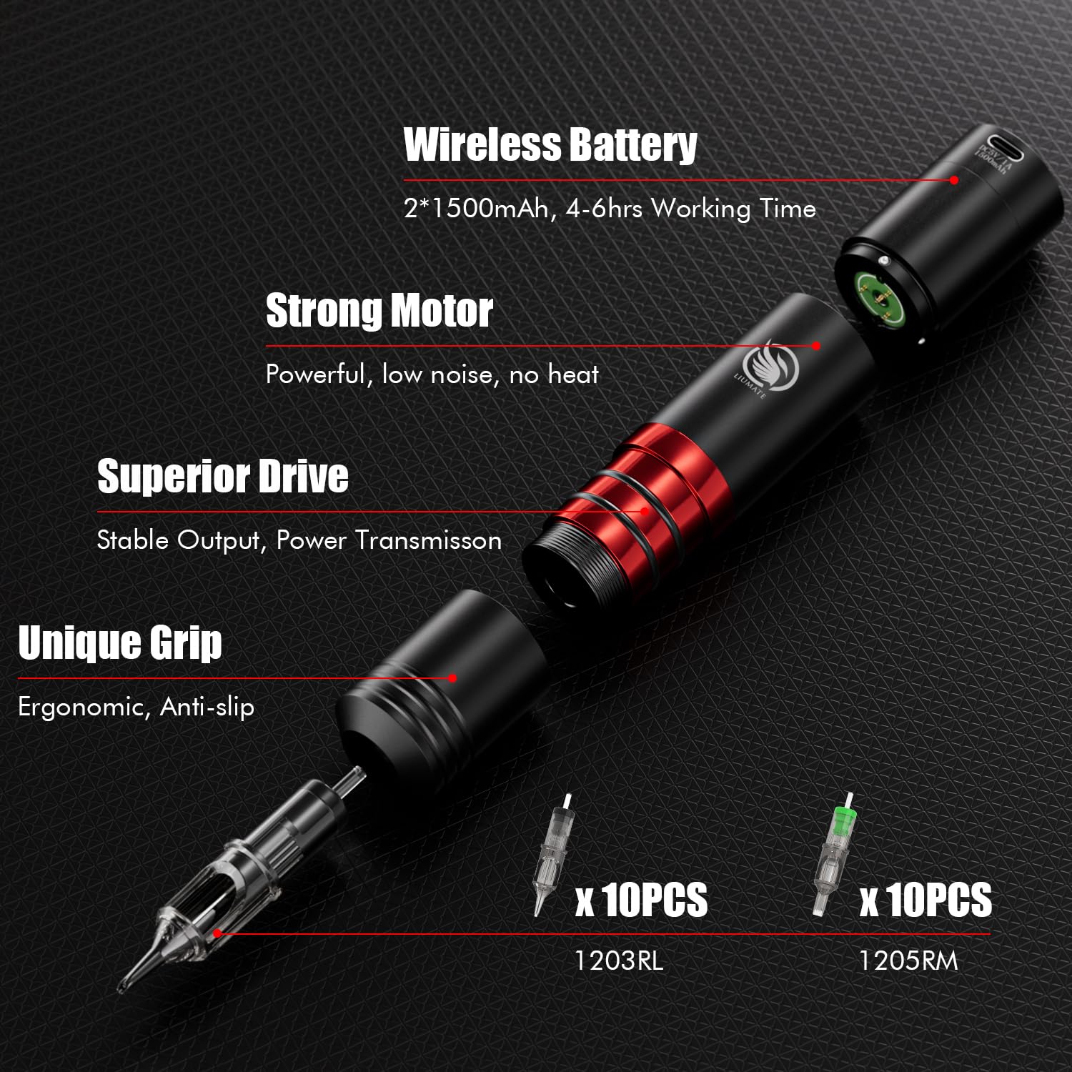 Kit Máquina de Rotativa Inalámbrica con 2 pcs Batería de 1500mAh 20 agujas 11 Botellas de Tinta, Wireless Rotativo Máquina de Bolígrafo para principiantes y artistas LIUMATE