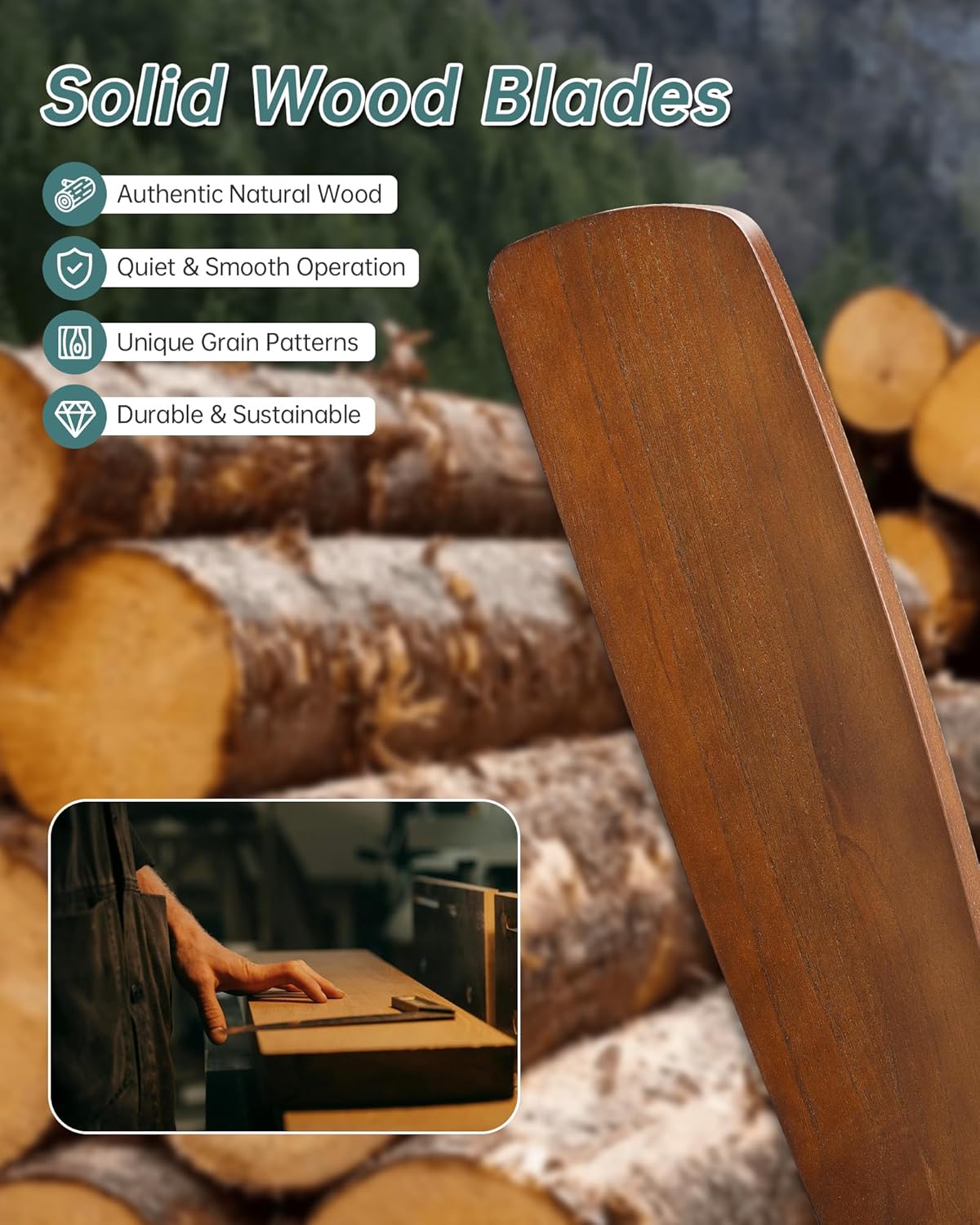 Sofucor 52 Inch Solid Wood Ceiling Fan Without Lights Flush Mount Ceiling Fan with Remote Control-Wood Blades Modern Outdoor Ceiling Fans No Light for Bedroom/Farmhouse/Patio/Indoor, Brown Black - Image 5