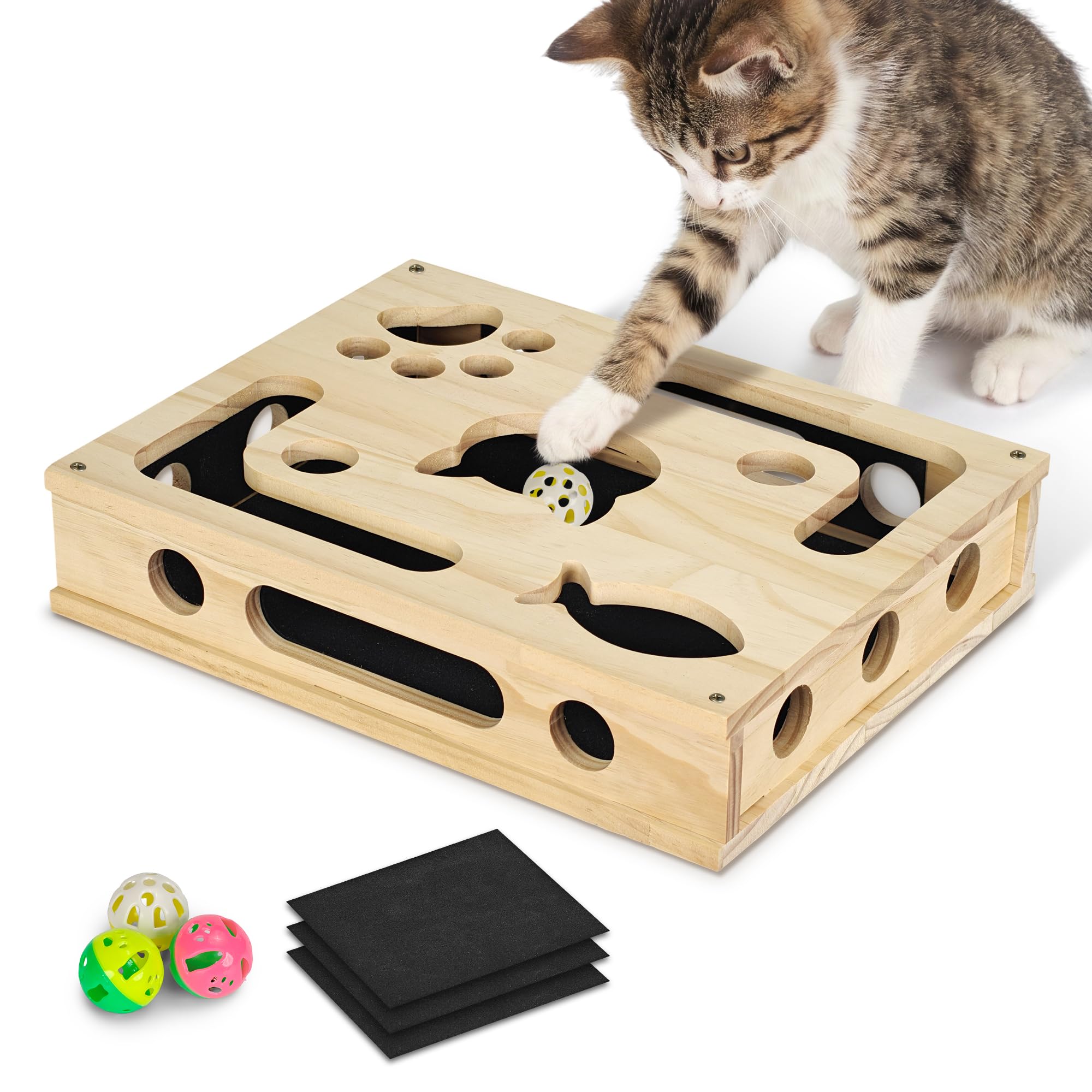Simabsie Cat Nail File Box, Interactive Wooden Scratch Puzzle Toy (Large)
