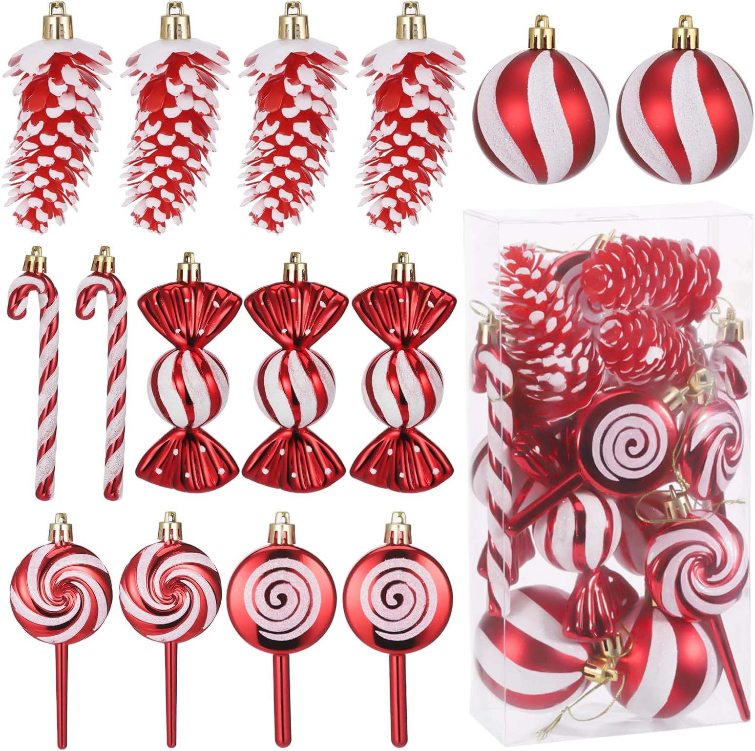 15Pcs Christmas Tree Decorations Glitter Candy Pine Cones Cane Lollipop Christmas Ball Hanging Ornaments with Rope, Christmas Baubles Ornaments for Xmas Home Decor (Red & White)