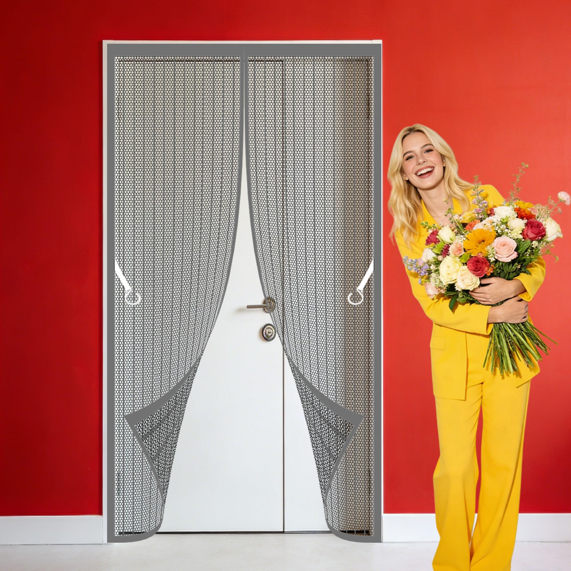Moskitiera Magnetyczna 96 x 280 cm Dziecinnie Łatwy Montaż Bez Wiercenia Siatki Do Patio Bez Wiercenia, Łatwy Montaż Siatka Do Dokiennych Przeciw Komarom, Balkonu Salonu, Szary