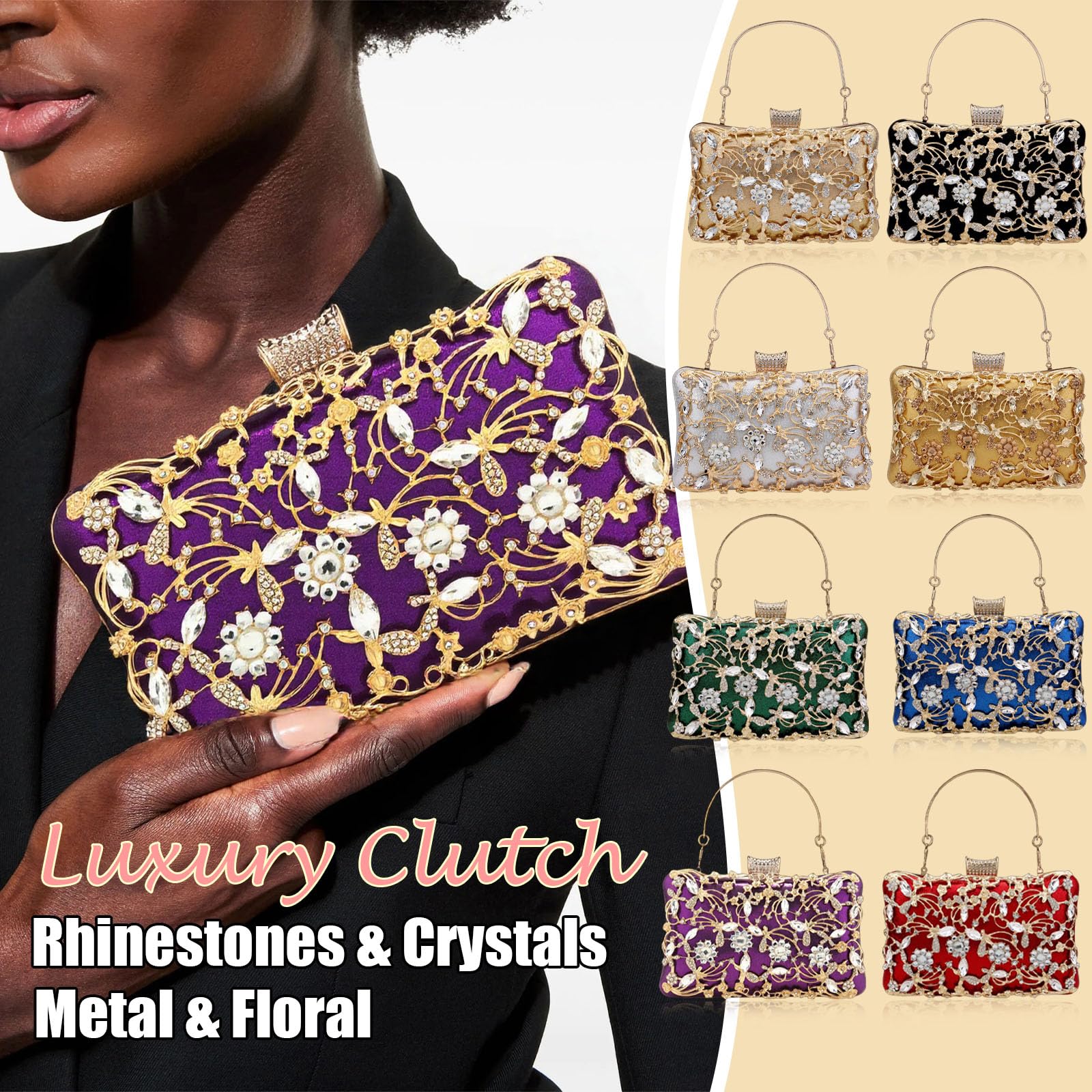 Bolso de mano vintage para mujer, bolso de noche de lujo con estrás y cristal, elegante bolso de mano con asa y cadena de metal con purpurina, bolso de hombro para bodas, fiestas, bailes gala