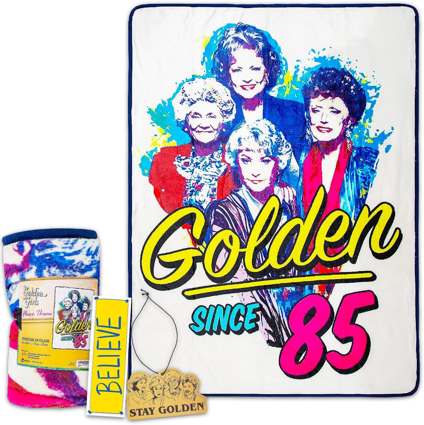 The Golden Girls Fleece Blanket Set - Bundle with 45x60 Soft Throw, Air Freshener, Bookmark | Golden Girls Merch for Women