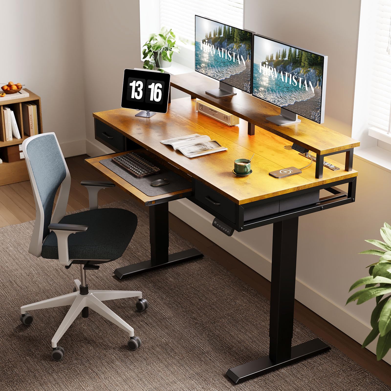 AODK Electric Standing Desk with Drawers & Keyboard Tray, 55 Inch Height Adjustable Gaming Desk with Power Outlets & LED Lights, Sit Stand Table with Monitor Stand for Home, Office, Rustic Brown