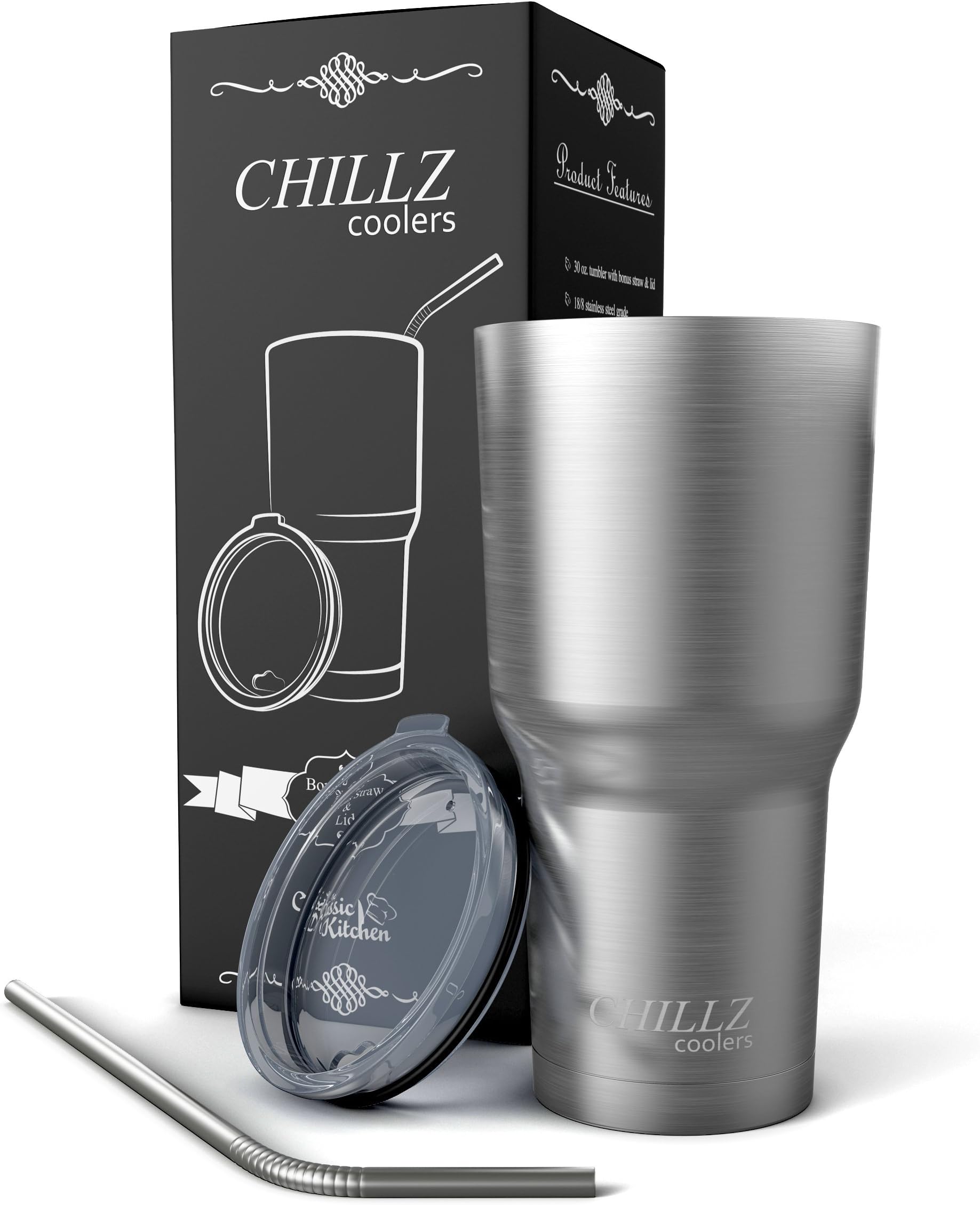 Chillz Stainless Steel Insulated Tumbler Bundle With Bonus Stainless Straw and Lid - 30 oz