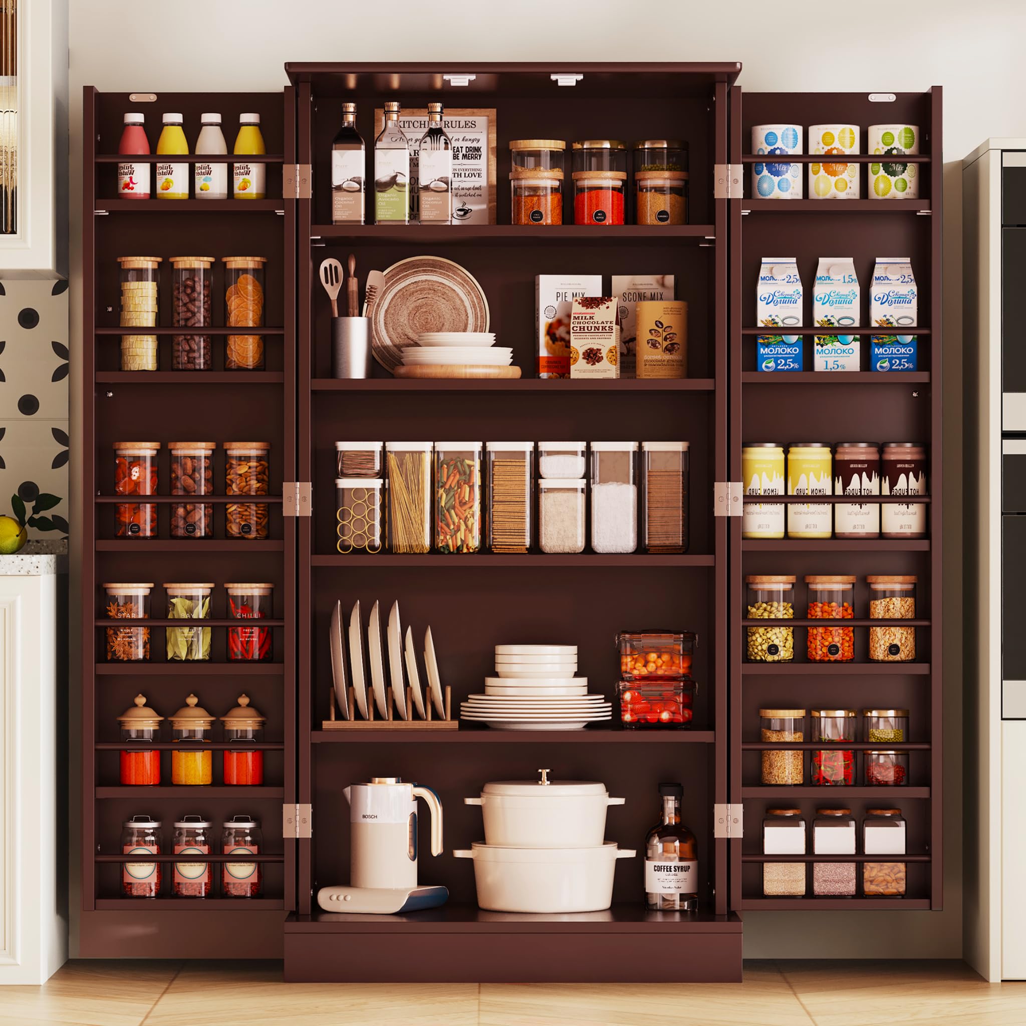kepptory 47" Kitchen Pantry Cabinet, Freestanding Tall Storage Cabinet with Doors and Adjustable Shelves, Large Food Storage Organizer for Kitchen, Dining Room, Living Room, Farmhouse Cupboard, Brown