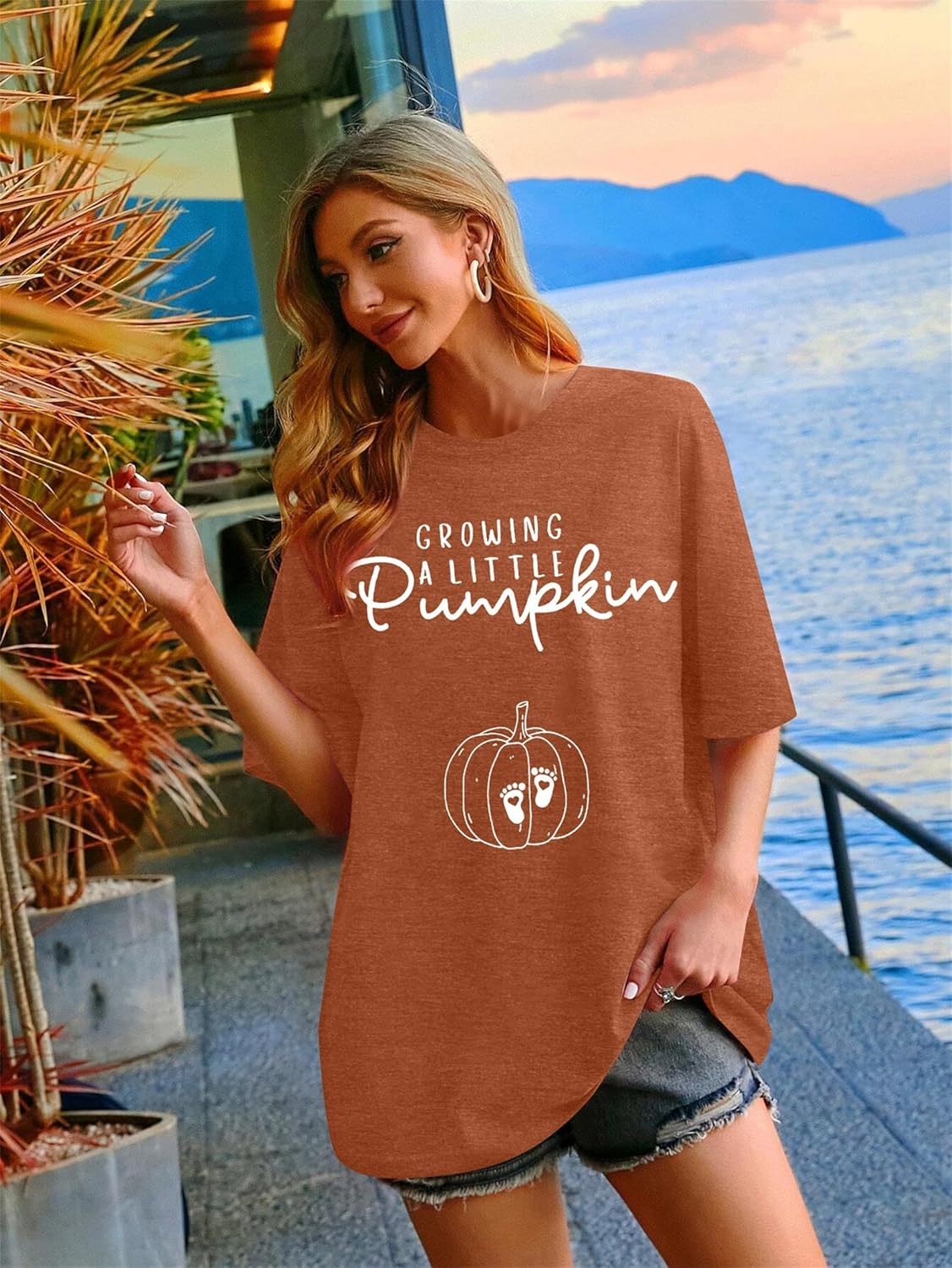 (Size L) Women's Maternity Shirt Thanksgiving Growing a Little Pumpkin T Shirt Fall Pumpkins Graphic Pregnancy Announcement Tops Brown Large