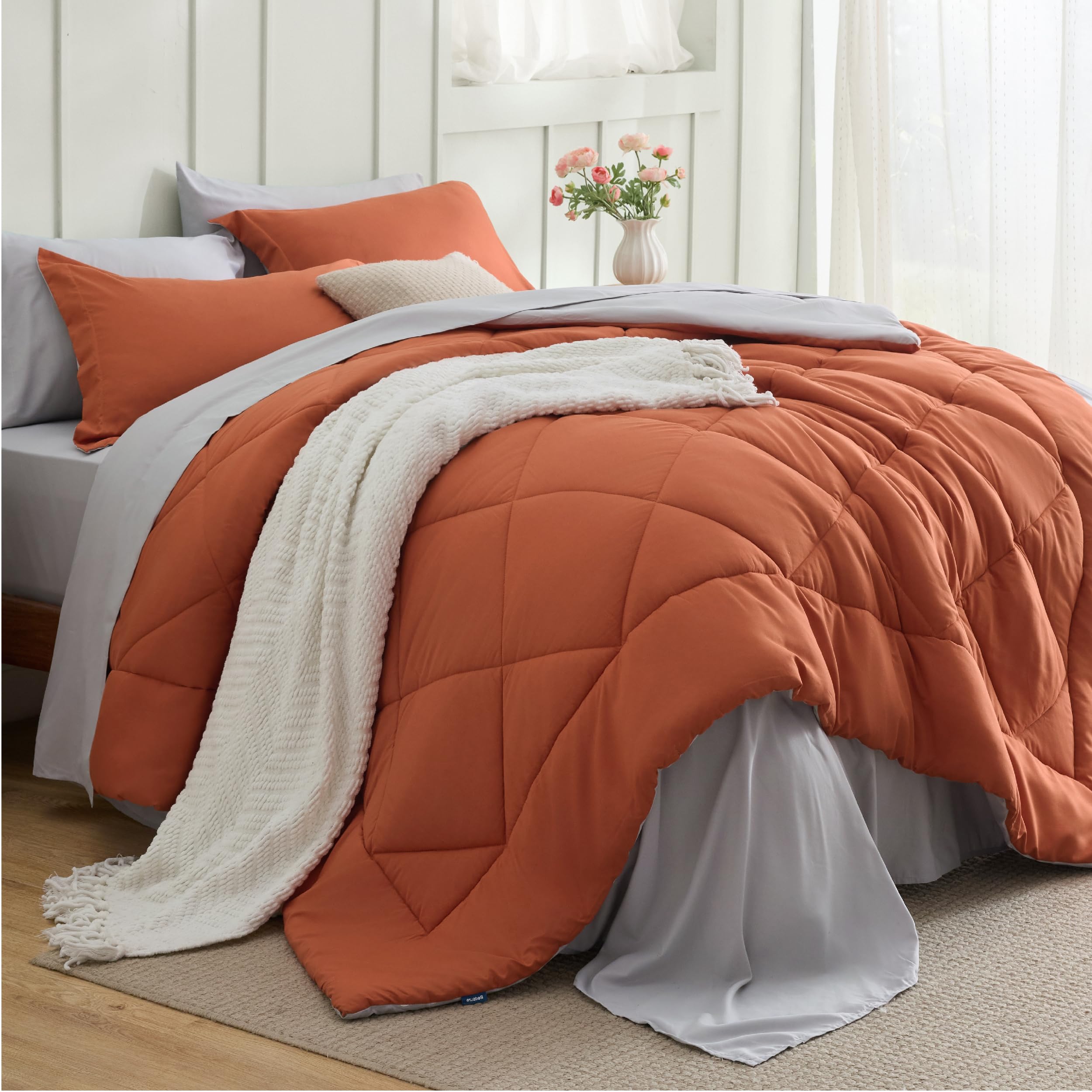 Bedsure Twin Comforter Set Reversible Bed Set 5 Pcs Burnt Orange/Light Grey