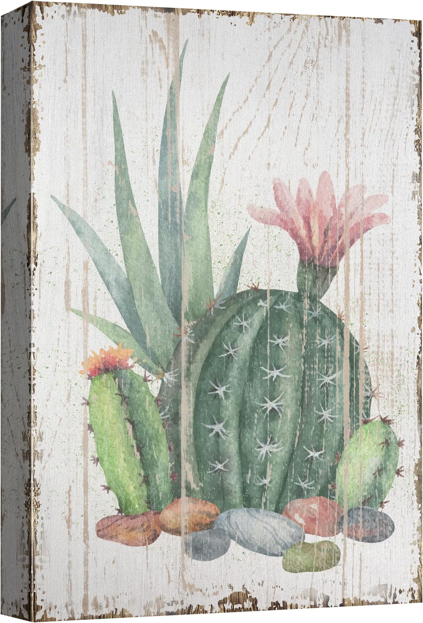 NWT Canvas Wall Art Cactus Green Leaves Red Flowers Colorful Stones Painting Artwork for Home Prints Framed - 16x24 inches